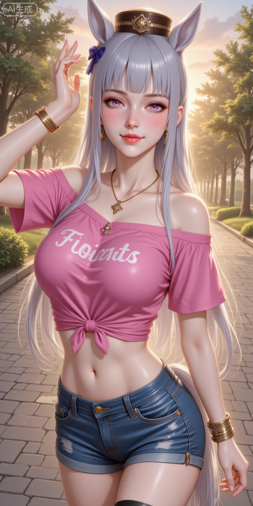 1girl, solo, long hair, breasts, looking at viewer, blush, smile, bangs, large breasts, shirt, thighhighs, hat, navel, animal ears, jewelry, closed mouth, purple eyes, collarbone, tail, short sleeves, grey hair, sweat, outdoors, shorts, midriff, black thighhighs, blunt bangs, pink eyes, necklace, off shoulder, bracelet, tree, short shorts, horse ears, denim, horse girl, clothes writing, horse tail, denim shorts, pink shirt, sunset, brown headwear, off-shoulder shirt, tied shirt, cutoffs, pillbox hat, gold ship \(umamusume\)