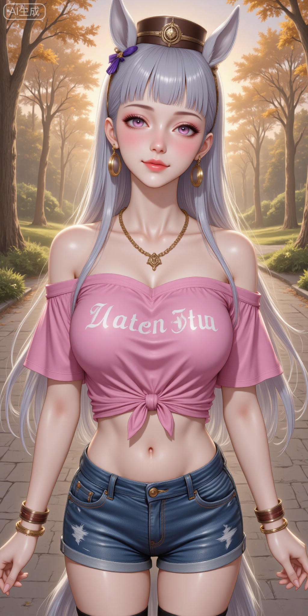 1girl, solo, long hair, breasts, looking at viewer, blush, smile, bangs, large breasts, shirt, thighhighs, hat, navel, animal ears, jewelry, closed mouth, purple eyes, collarbone, tail, short sleeves, grey hair, sweat, outdoors, shorts, midriff, black thighhighs, blunt bangs, pink eyes, necklace, off shoulder, bracelet, tree, short shorts, horse ears, denim, horse girl, clothes writing, horse tail, denim shorts, pink shirt, sunset, brown headwear, off-shoulder shirt, tied shirt, cutoffs, pillbox hat, gold ship \(umamusume\)