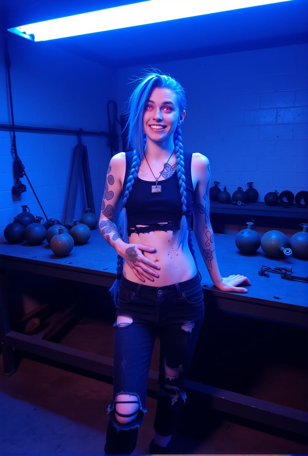 Candid photo taken in a chaotic Zaun workshop,  flickering neon blue light,  bomb parts scattered on metal table. Jinx—pal...