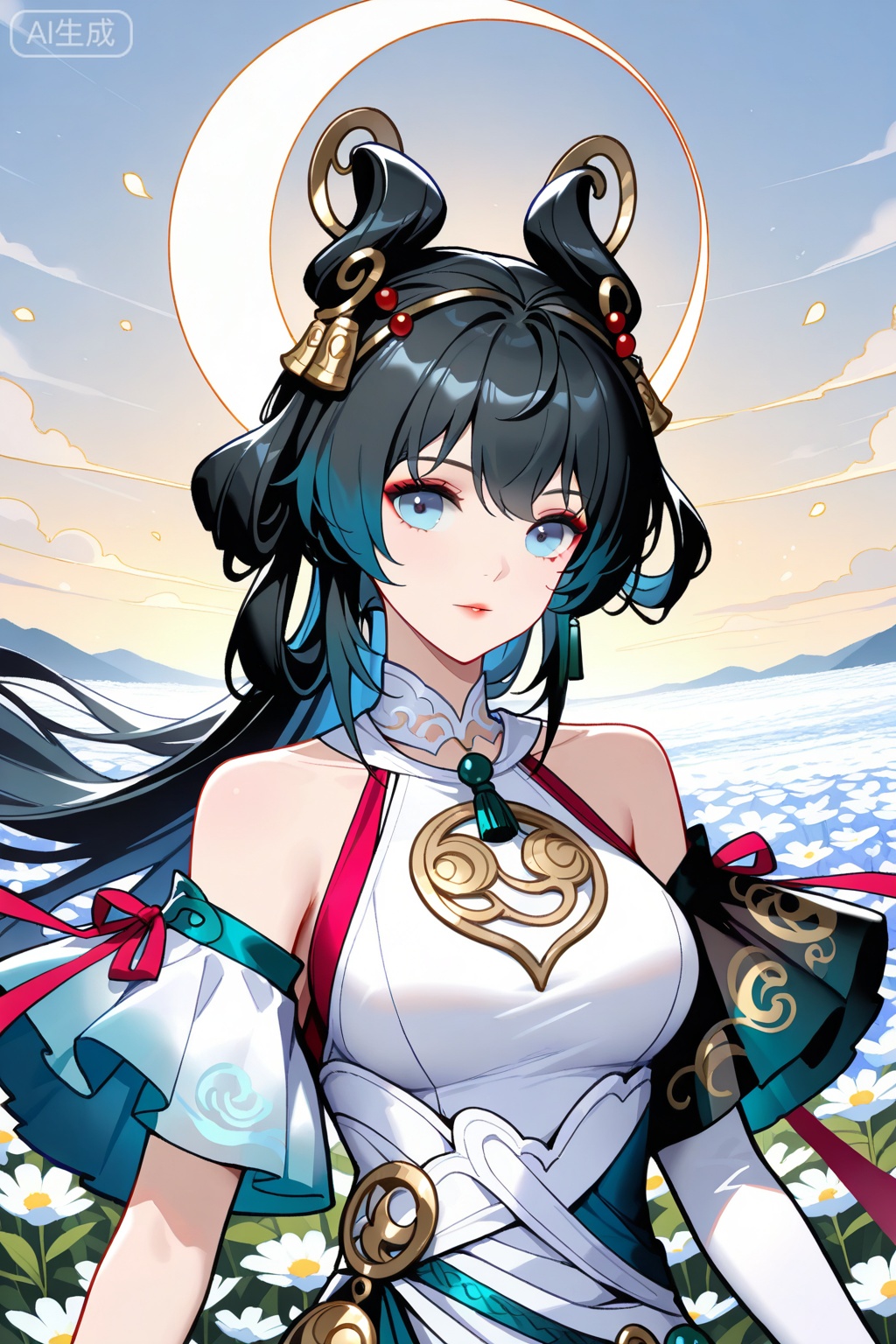 flower field,flower field,



upper body,looking at viewer,

公孙离,masterpiece,best quality,official art,extremely detailed CG unity 8k wallpaper,bell, blue eyes, blue hair, breasts, chinese clothes, dress, hair ornament, long hair, lihenyan,solo,1girl,hair ornament,bare shoulders,jewelry,black hair,hair rings,blue hair,white dress,bracelet,breasts,detached sleeves,long dark hair, styled in ponytail,adorned with golden crescent moon and sun ornaments,soft makeup, delicate eye makeup,light blue eyes,light blue and white traditional outfit with intricate patterns, red ribbons,white and teal belt with decorative elements, sheer black off-shoulder sleeves,single Elbow sleeve,