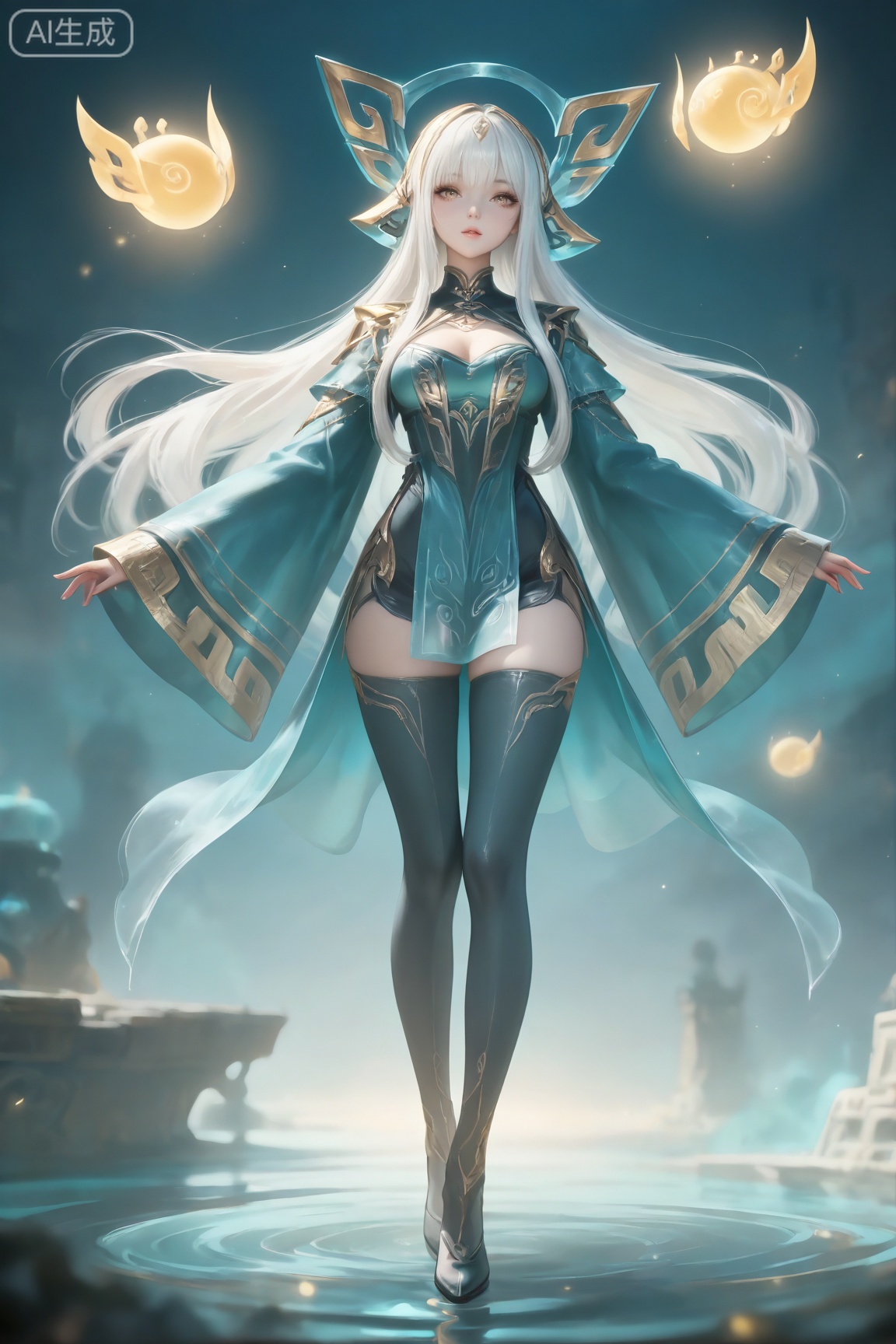 1girl, solo, long hair, breasts, looking at viewer, bangs, thighhighs, standing, full body, white hair, floating, floating object,
masterpiece,best quality,amazing quality,very aesthetic,ultra-detailed,high resolution,8k,