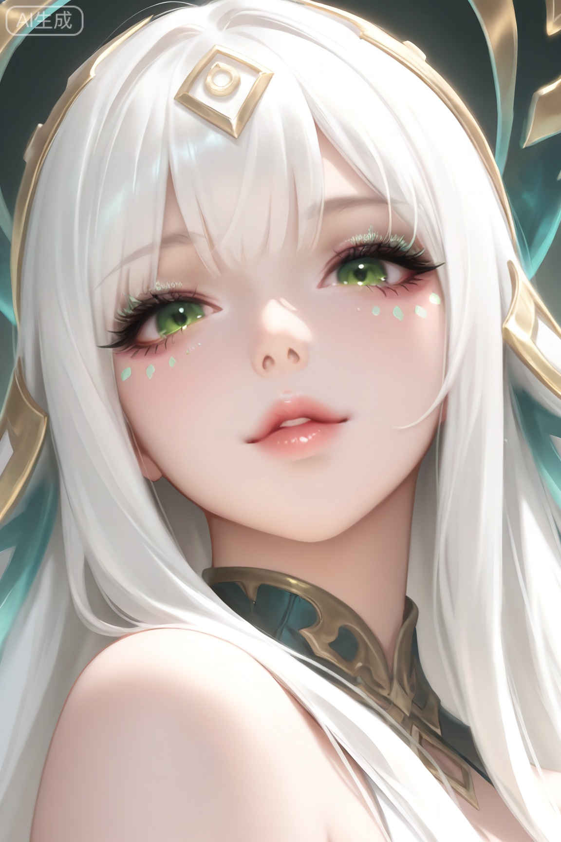 1girl, solo, long hair, looking at viewer, bangs, hair ornament, green eyes, white hair,lips, eyelashes, makeup, facial mark,
masterpiece,best quality,amazing quality,very aesthetic,ultra-detailed,high resolution,8k,