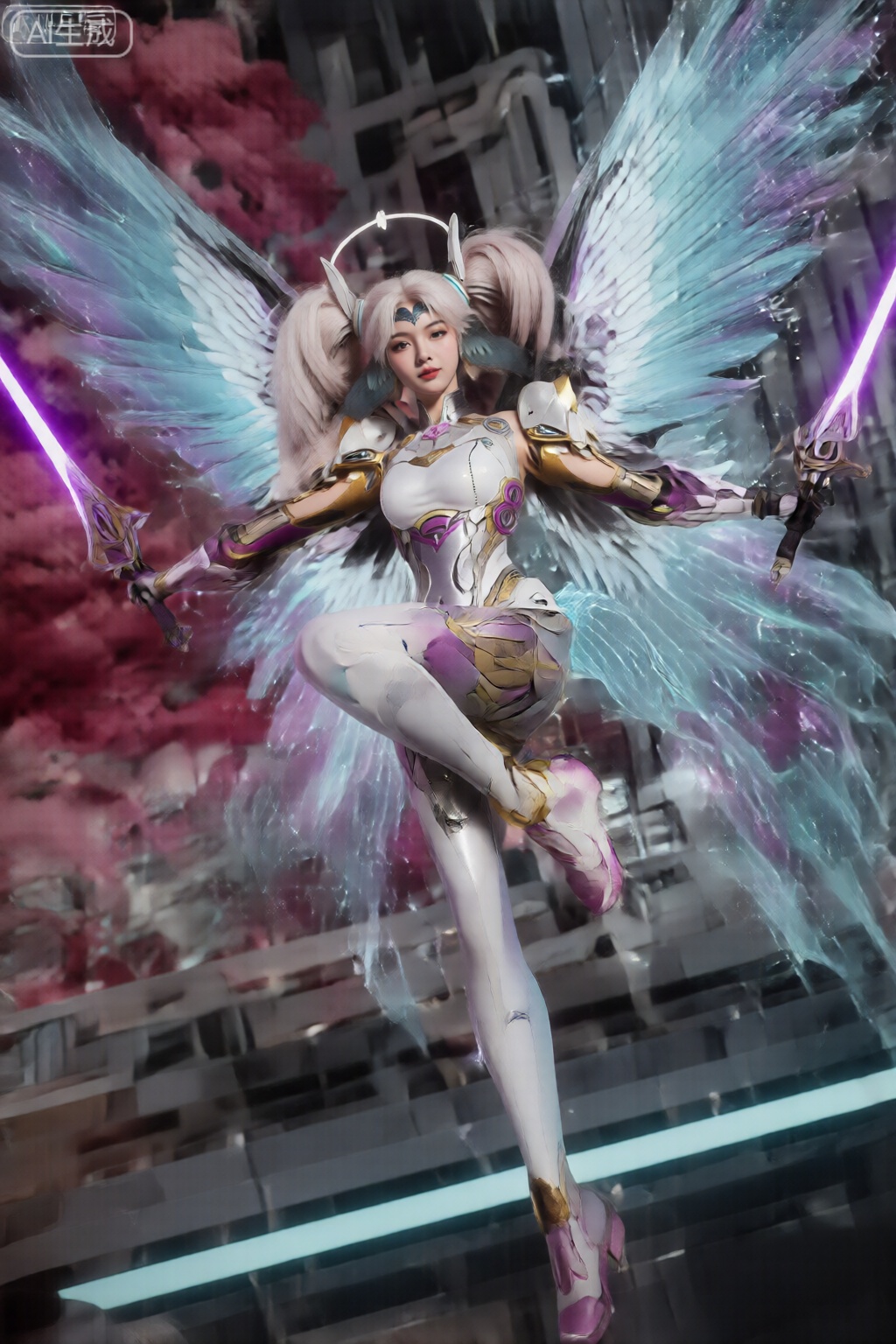 该角色拥有巨大的彩虹色翅膀,主要是蓝色和白色,略带紫色。该角色穿着合身、未来派的白色服装,带有金色和紫色点缀,包括高领和带有发光元素的腰带。该角色还穿着带有粉色和金色细节的白色长筒靴。 角色的每只手中都握着一把发光的紫色剑。该角色摆出动态的半空中姿势,一条腿弯曲,另一条腿伸展。背景融合了未来派建筑、时尚、棱角分明的线条和充满活力的红粉色云状结构。