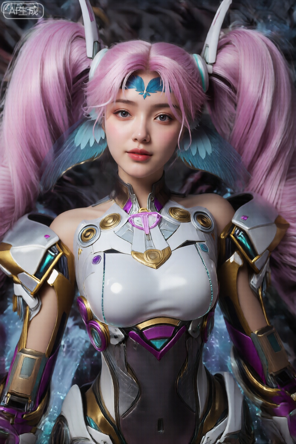 该角色有一头浓密的粉色长发,带有浅粉色亮点,扎成两条高辫子,从头的两侧垂落下来。头发有光泽,几乎飘逸,有些发丝看起来轻轻飘逸。 角色的脸庞年轻而精致,杏仁形的大眼睛有着柔和的、近乎梦幻的表情。眼睛是浅色的,可能是蓝色或紫色,具有微妙的渐变效果。这个角色有一个小而上翘的鼻子和丰满的粉红色嘴唇。额头上有蓝色的翅膀状图案,增添了梦幻般的外观。 该角色穿着合身的高科技盔甲套装,主要颜色为白色,点缀着金色、紫色和青色。该盔甲具有光滑的金属质感,具有各种复杂的细节,包括圆形和三角形元素,以及设计中嵌入的发光的蓝色和粉色灯光。胸口部分尤为突出,中央有心形设计,并带有紫色点缀。盔甲的肩膀和手臂装饰有金色和紫色的细节,并且有可见的机械部件和关节,暗示着机动性和功能性。 背景中有一些模糊的元素,暗示着未来主义的环境,带有机械的暗示,也可能是太空或高科技环境。整体氛围是一种先进科技与奇幻元素相结合的氛围。