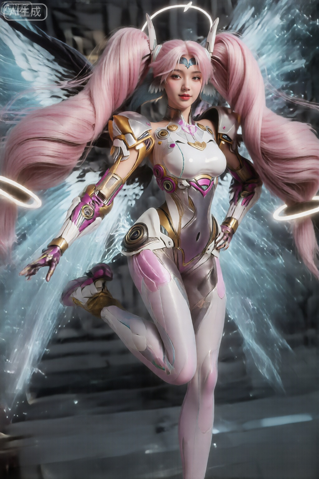 她有一头飘逸的粉红色长发,扎成双马尾辫,每根马尾辫的末端都有一圈光环。她的服装是一套合身的未来派盔甲套装,融合了白色、粉色和金色元素。该套装配有各种机械和金属部件,包括护臂、护腿和设计复杂的胸甲。她有巨大的白色翅膀,黑色的尖端从她的背部延伸出来,她周围有灯光效果,给人一种动感和活力的感觉。她的右腿抬起,她似乎在半空中,一只手向前伸出,另一只手放在臀部。