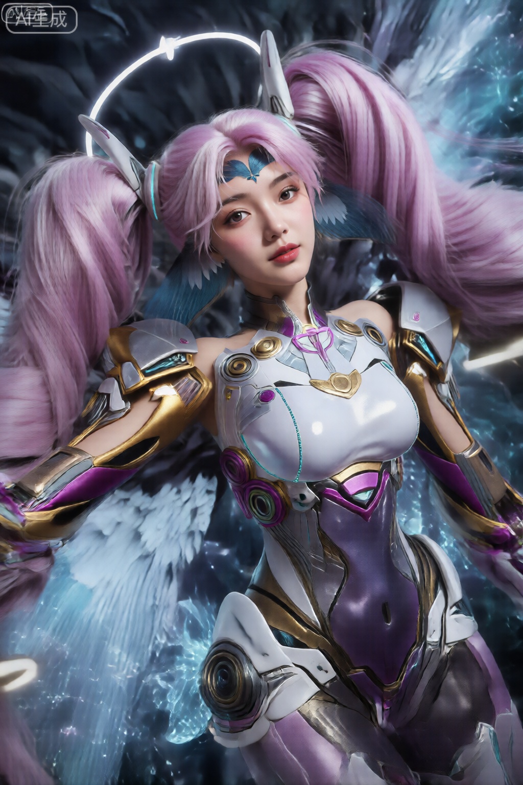 该图像描绘了一个融合了人类和机械特征的风格化的未来角色。这个角色有一头飘逸的粉红色长发,扎着两条高辫子,配有银色配饰。他们的脸很年轻,有着一双富有表情的大眼睛、一个小鼻子和丰满的嘴唇。额头上有一个蓝色的心形标记。 该角色的服装是一套合身的白色和紫色套装,带有金色点缀,具有复杂的机械细节和发光的蓝色线条。这套衣服覆盖了躯干和肩膀,露出手臂和部分腿部。手臂上装有金色和紫色的装甲,角色的左臂向外延伸,展示出一只带有紫色和白色细节的机械手。 在角色的背后,可以看到巨大的白色羽毛翅膀,给人一种天堂或天使的印象。背景是黑暗的星空空间,带有一丝蓝色和紫色,增添了未来感和宇宙的氛围。圆形发光的灯光效果围绕着角色,增强了图像的空灵和超凡脱俗的氛围。整体构图是动态的,角色看起来处于运动状态,可能漂浮或飞行。