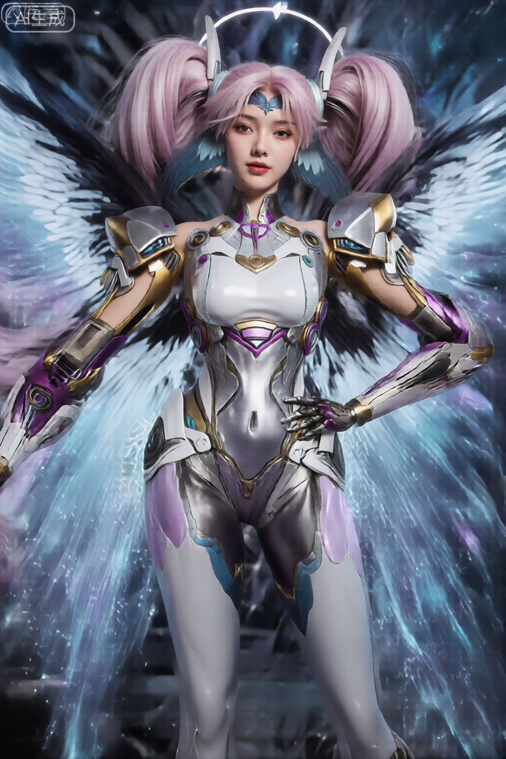 她穿着一套合身的西装,主要颜色为白色和银色,点缀着紫色和金色的细节,包括胸前的紫色宝石。她的右臂是带有紫色和银色部件的机械假肢,而左臂则是金属手套。她有一对大而精致的翅膀——黑色,带有白色的初级羽毛和蓝紫色的亮点——从她的背上长出来。她的头发扎成两个高马尾辫：一个粉色,一个蓝色。她左手放在臀部,右臂向下伸展,姿势自信。背景呈现宇宙星空场景,带有蓝色和紫色光效,营造出一种深度感和超凡脱俗的感觉。