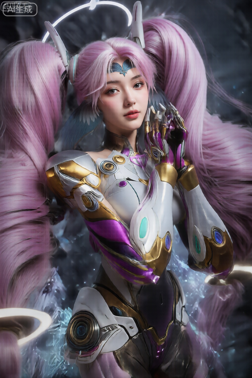 该图像描绘了一个女性角色,她有着长长的、飘逸的粉红色头发,扎成两个高马尾辫。她肤色苍白,表情平静、从容。她的眼睛很大,颜色浅,闪烁着轻微的光芒。她穿着一套复杂的、未来派的盔甲套装,融合了白色、金色和紫色元素。装甲上有机械接头、发光装饰和尖锐的棱角设计,赋予其高科技的机器人外观。她的双手举到脸附近,一只手轻轻地抚摸她的脸颊,她的手指拉长,尖端有锋利的紫色指甲。在她身后,有微弱的发光圆形元素和黑暗、模糊的背景,带有未来主义背景的暗示。整体美学融合了奇幻与先进技术,注重优雅与力量。