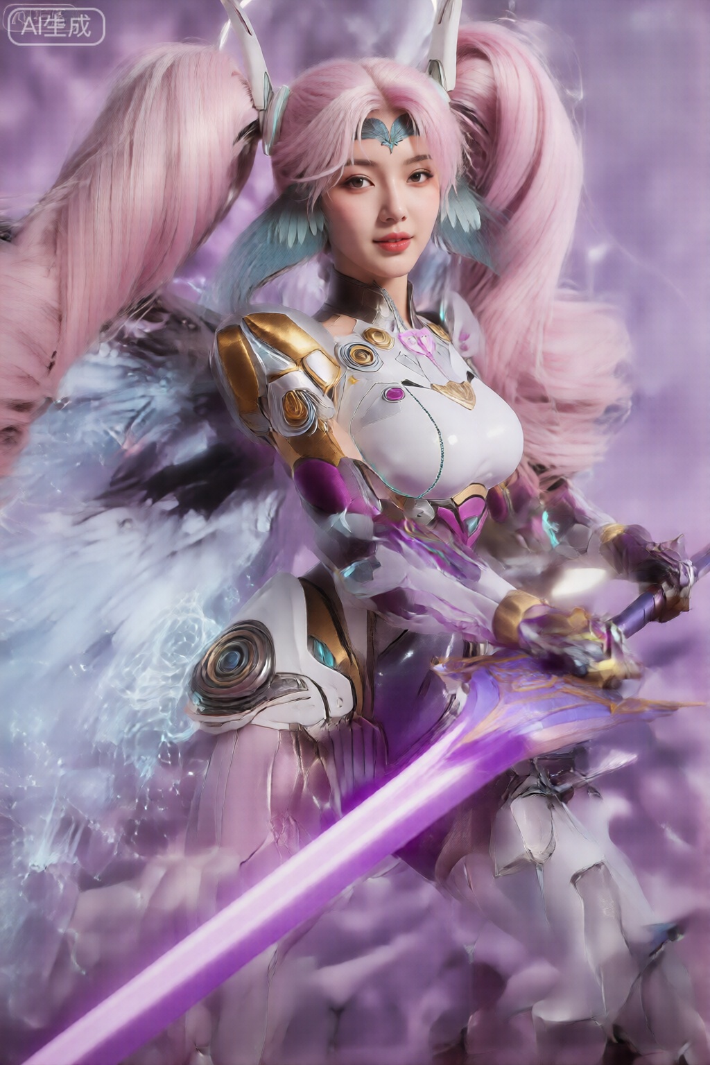 该图像描绘了一个身着未来派装甲服装、摆出动态姿势的女性角色。她的服装以白色为主,带有复杂的金属和紫色点缀,赋予其时尚、高科技的外观。她有一头粉色和浅蓝色混合的飘逸长发,扎成两条高辫子。角色手持一把华丽的大剑,剑身为紫色,剑柄精致,散发着微弱的光芒。背景是柔和、模糊的紫色和粉色色调的混合,带有闪光和灯光效果,增强了场景的奇幻和科幻氛围。角色的表情自信而坚定,她的盔甲包含各种机械和装饰元素,例如发光的蓝色线条和金属板。