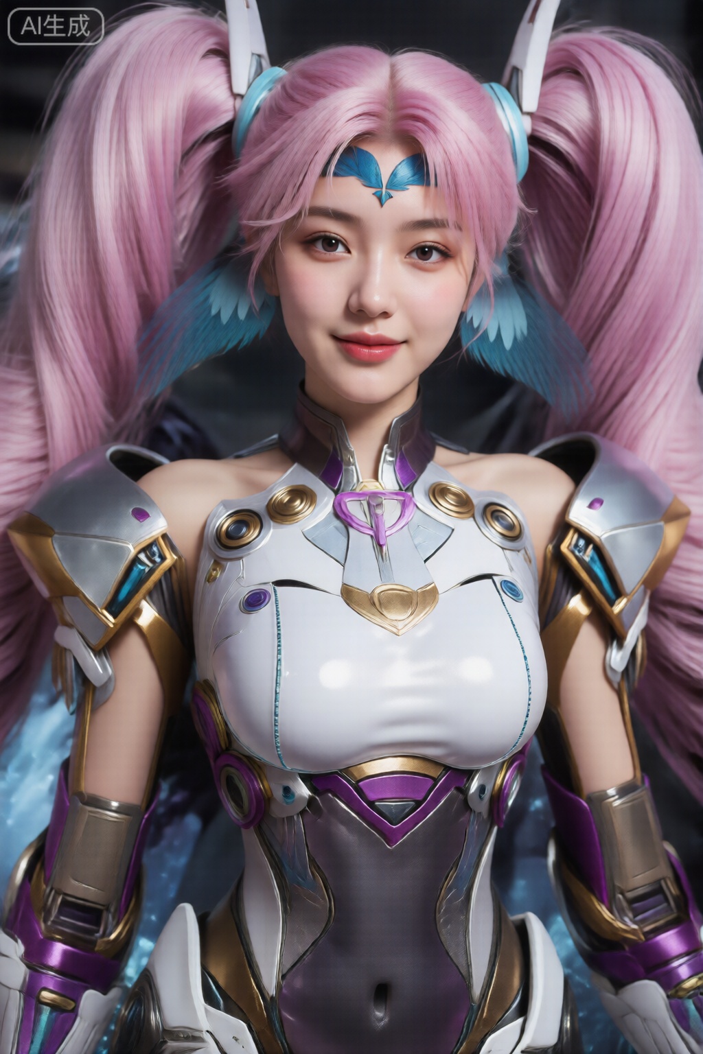 ,美颜,皮肤雪白细腻质感水润光滑年轻,去AI 感,职业微笑,,（（巨大的胸部））,看着镜头, 
图像中的角色有一头充满活力的粉红色长发,扎着两条高辫子,带有蓝色亮点和蓝色头带。她穿着一套融合了白色、金色和紫色元素的未来派装甲服装：金属垫肩、带有圆形和三角形装饰件的合身紧身胸衣,以及手套和下臂护具上的紫色点缀。她的表情平静,带着浅浅的微笑,额头上有一个蓝色的三角形图案。