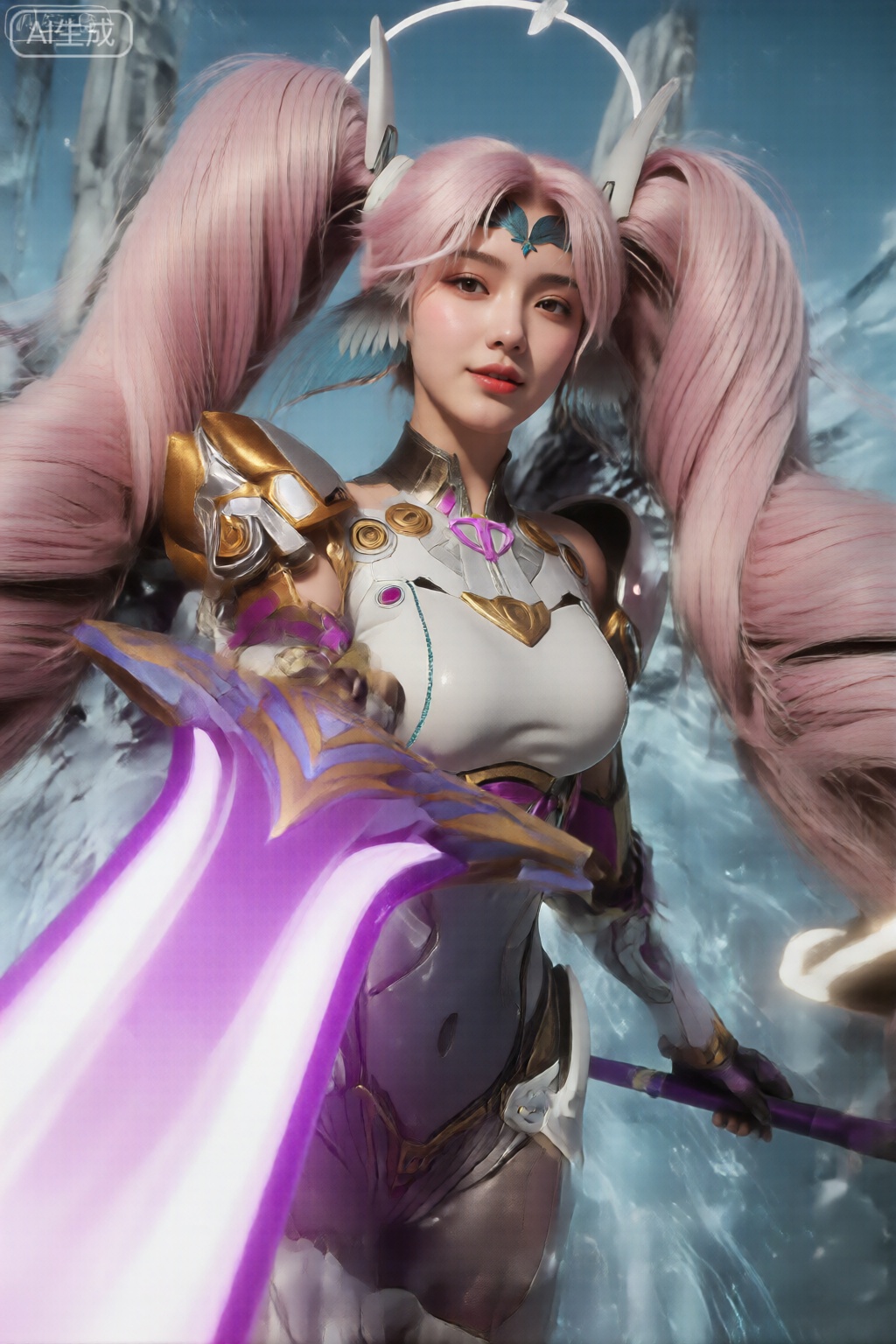 该图像描绘了一个女性角色,她有着长长的、飘逸的粉红色头发,扎成两个高马尾辫。她身穿白金色铠甲,图案繁复,表情自信,略带微笑。她的右手握着一把巨大的、发光的紫色和白色的剑,而她的左手握着一根较小的紫色法杖。背景是明亮的蓝天和一些冰冷的结构,暗示着一个寒冷的、可能是幻想的环境。