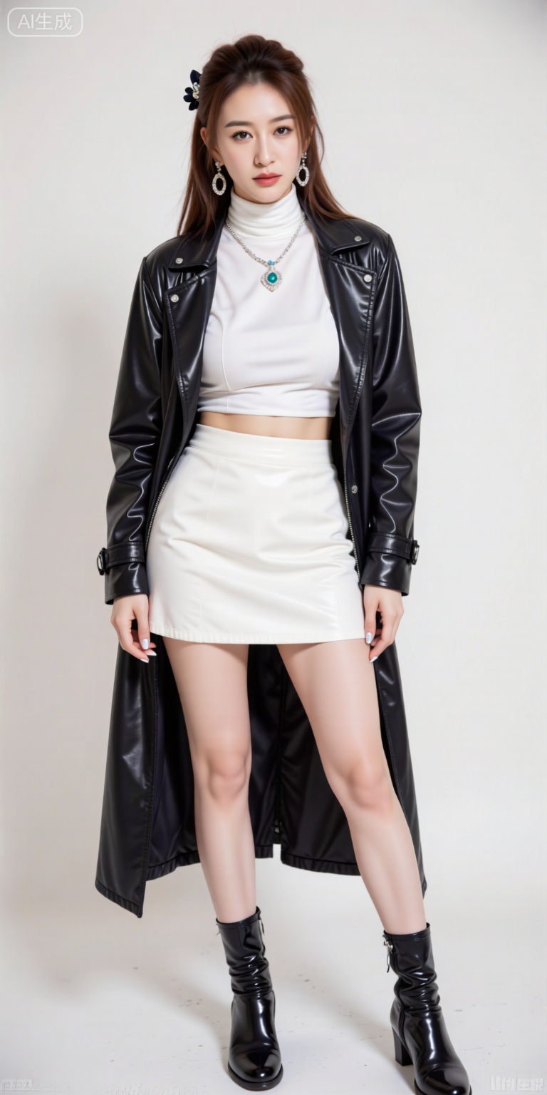 1girl,solo,long hair,brown hair,black hair,hair ornament,brown eyes,flower,hair flower,lips,realistic,
1girl,solo,skirt,earrings,jewelry,navel,(shirt:1.2),coat,turtleneck,looking at viewer,shiny clothes,long sleeves,white background,simple background,legs long legs,nail polish,white skirt,jacket,miniskirt,closed mouth,lips,hoop earrings,latex,boots,ankle boot,dynamic_angle,(dutch angle:1.1),standing,(from_side:1.1),
(stylish_pose:1.1),
mocaihuan,lvjing,lvjing,pifu