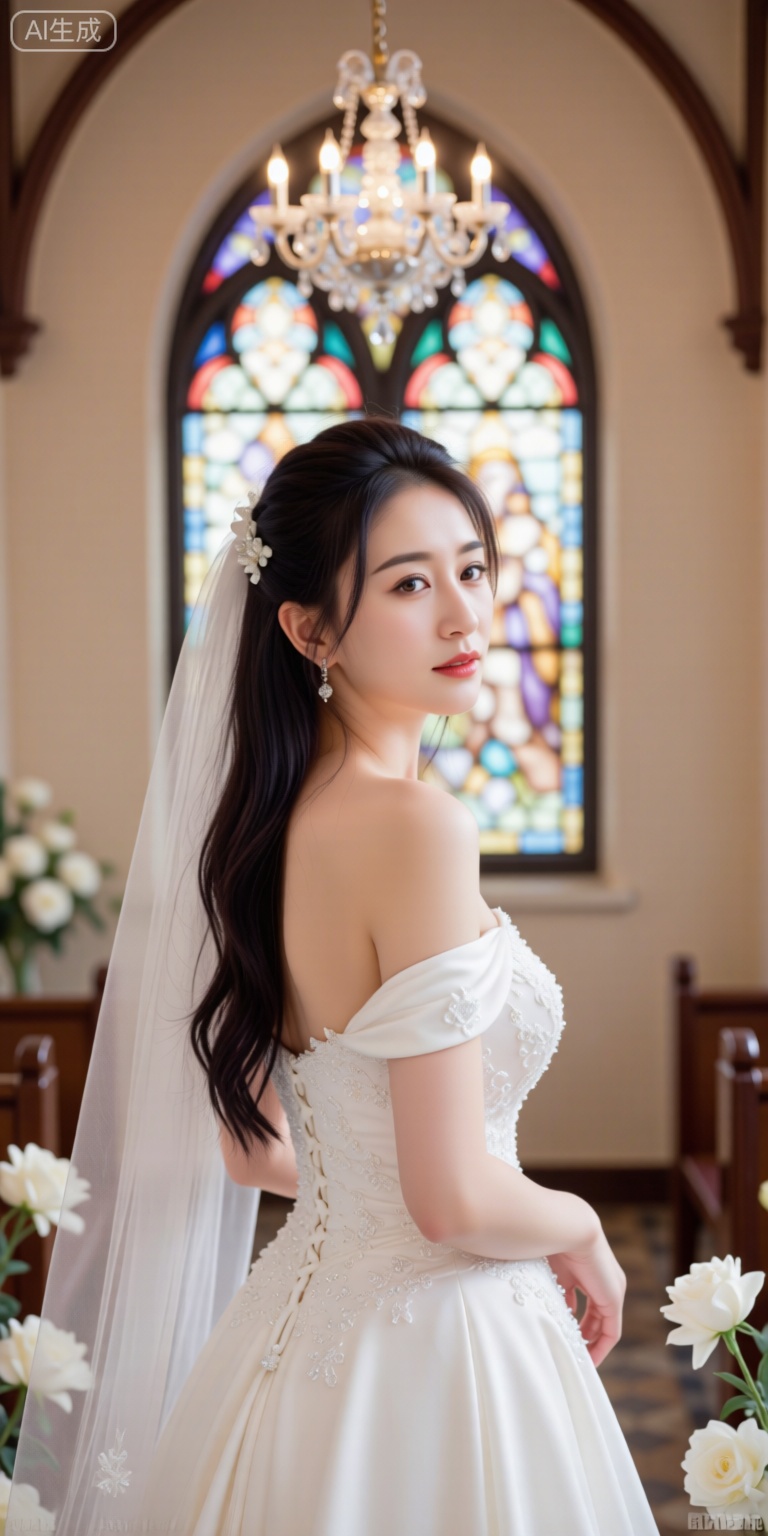 Create a realistic scene of a lone 1girl standing in a church, dressed in a pristine white wedding dress with bare shoulders. Her long, black hair cascades down her back, adorned with a hair ornament featuring a small hair flower. She has brown eyes and wears red lips and jewelry. The girl stands before a stained glass window, its vibrant colors filtering through to create a warm, ethereal glow. In the background, a chandelier hangs from the arch, casting a soft light. White flowers are scattered around her, adding to the serene and romantic atmosphere. Her expression is one of serene beauty and joy, capturing the essence of a moment frozen in time.