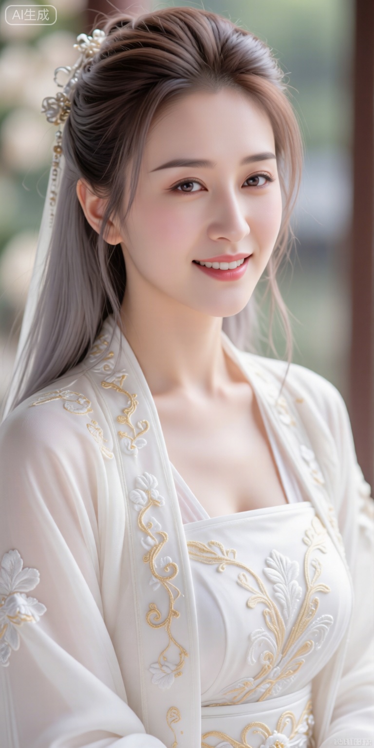 Exquisite,romantic ancient style,hyper-realistic human,beauty portrait,world-shocking beauty,pure desire,a smile that captivates the city,flowing brown-gray hair,sharp eyes,rosy cheeks,hanfu,elegant clothing,white embroidered sheer dress,intricate gold threads,ethereal atmosphere,skillfully capturing emotions,masterpiece,soft lighting,high resolution,depth of field composition,layers.