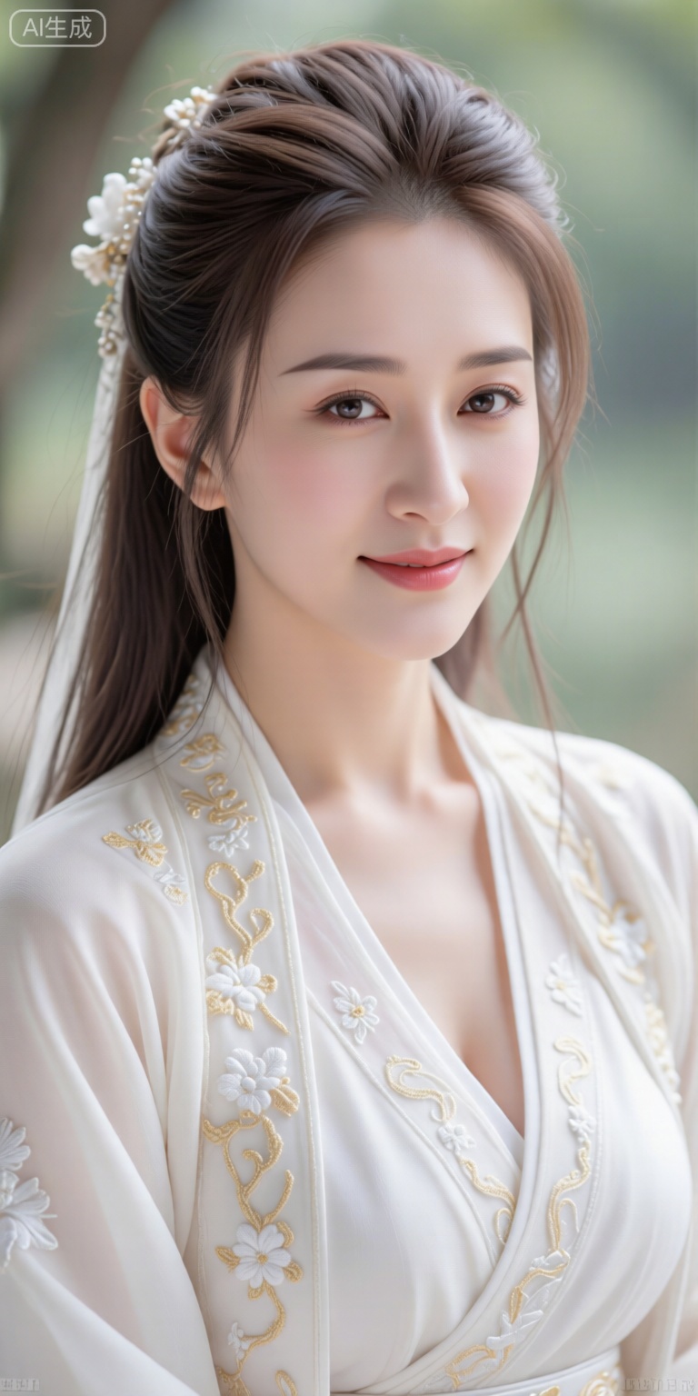 Exquisite,romantic ancient style,hyper-realistic human,beauty portrait,world-shocking beauty,pure desire,a smile that captivates the city,flowing brown-gray hair,sharp eyes,rosy cheeks,hanfu,elegant clothing,white embroidered sheer dress,intricate gold threads,ethereal atmosphere,skillfully capturing emotions,masterpiece,soft lighting,high resolution,depth of field composition,layers.