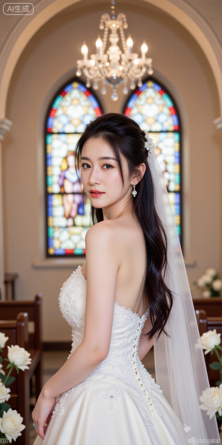 Create a realistic scene of a lone 1girl standing in a church, dressed in a pristine white wedding dress with bare shoulders. Her long, black hair cascades down her back, adorned with a hair ornament featuring a small hair flower. She has brown eyes and wears red lips and jewelry. The girl stands before a stained glass window, its vibrant colors filtering through to create a warm, ethereal glow. In the background, a chandelier hangs from the arch, casting a soft light. White flowers are scattered around her, adding to the serene and romantic atmosphere. Her expression is one of serene beauty and joy, capturing the essence of a moment frozen in time.