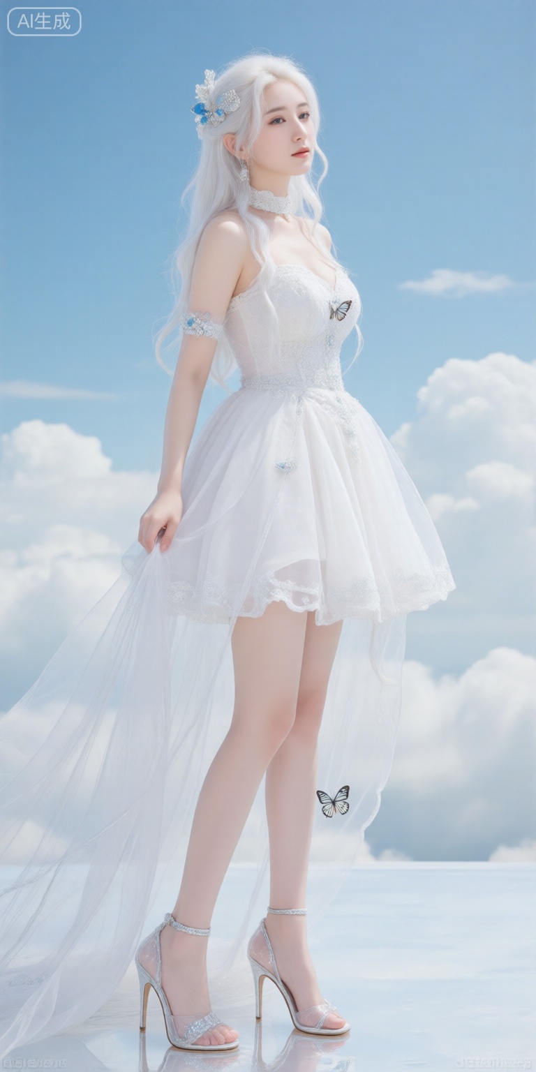 1girl, solo, long hair, hair ornament, dress, full body, white hair, sky, cloud, high heels, see-through, bare legs, bug, butterfly