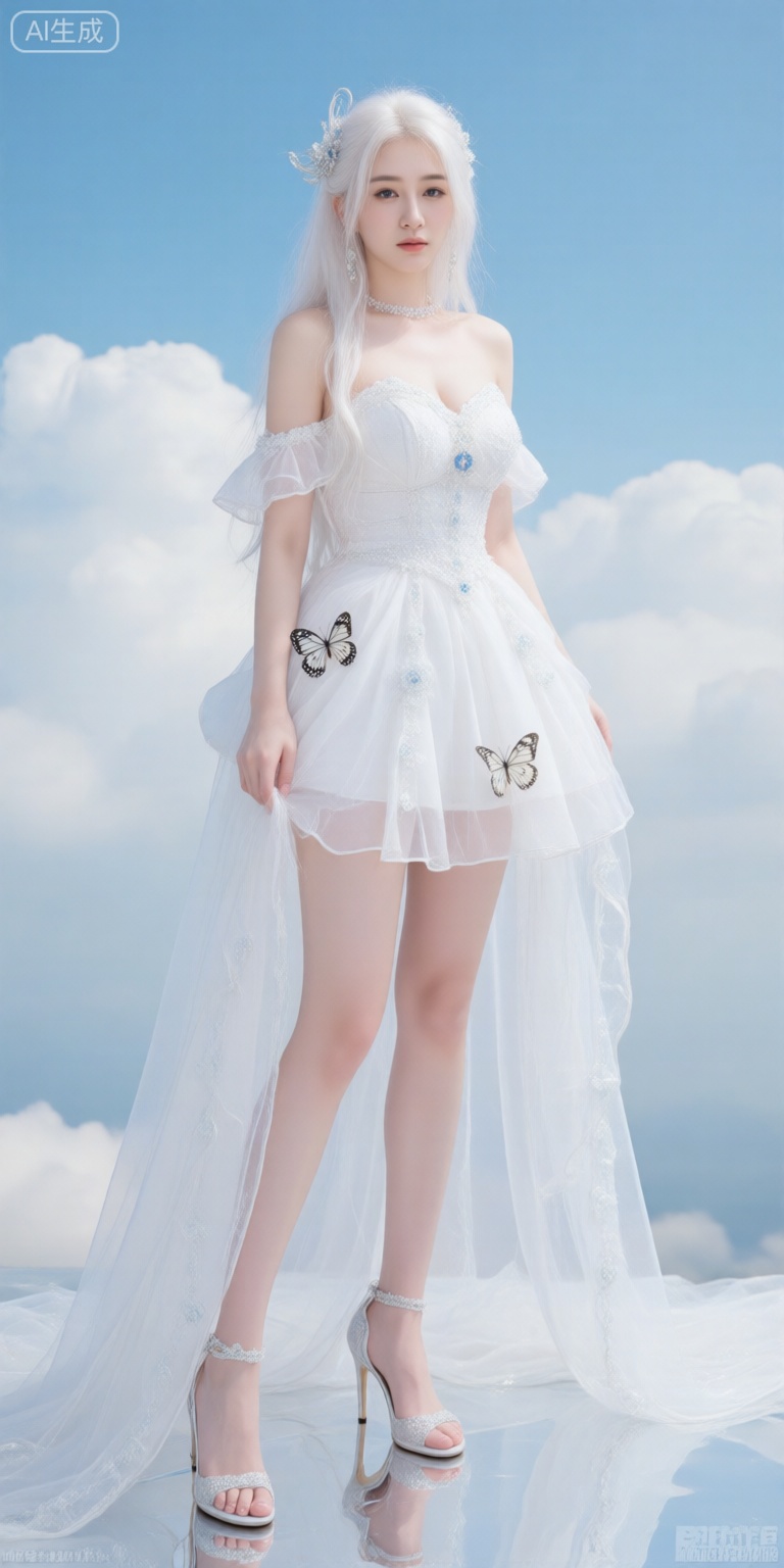 1girl, solo, long hair, hair ornament, dress, full body, white hair, sky, cloud, high heels, see-through, bare legs, bug, butterfly