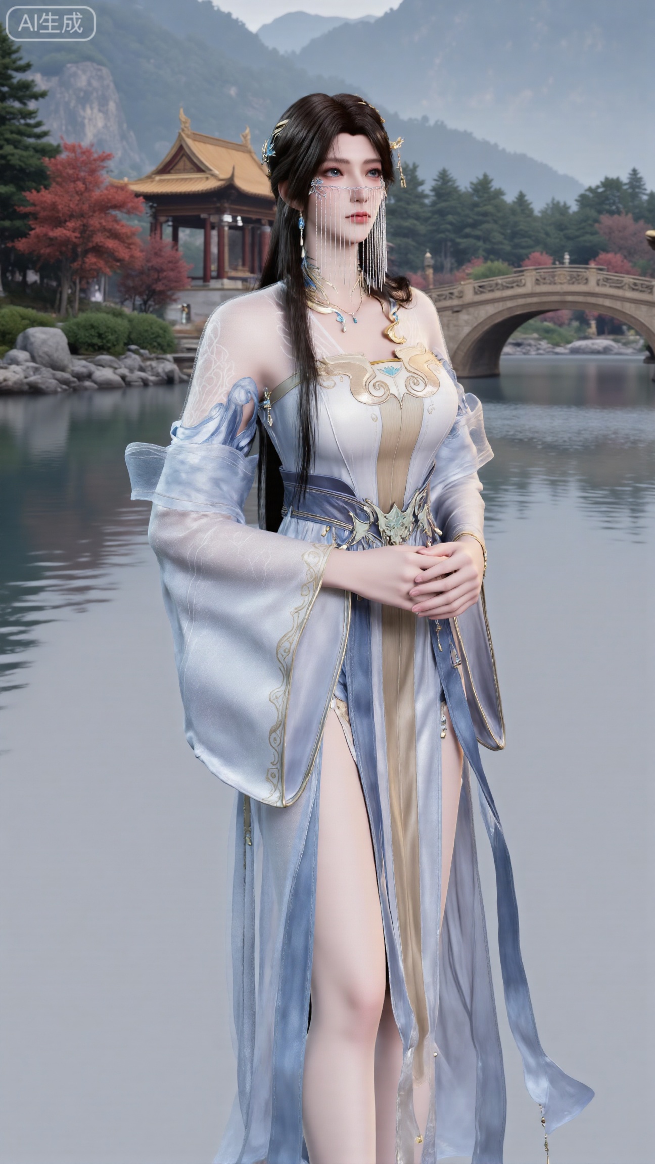 (masterpiece, best quality:1.2),1 girl, solo, long hair, black hair, hair accessories, clothing, cleavage cuts, long dress, jewelry, upper body, earrings. Background is outdoor, sky, clouds, water, trees, architecture, landscape, lantern, mountain, dragon, architecture, bridge, east Asian architecture, fog, pagoda,(huge breasts:2.99),(full breasts:2.99),Xbigbreasts,XbaifengsongyuYH,XliuyuYH2,XanmyXM,XlanxianYH,XtianqiongYH,Xxiantainvzi,Xchangtui,XmupeilingX2,XanmyXY