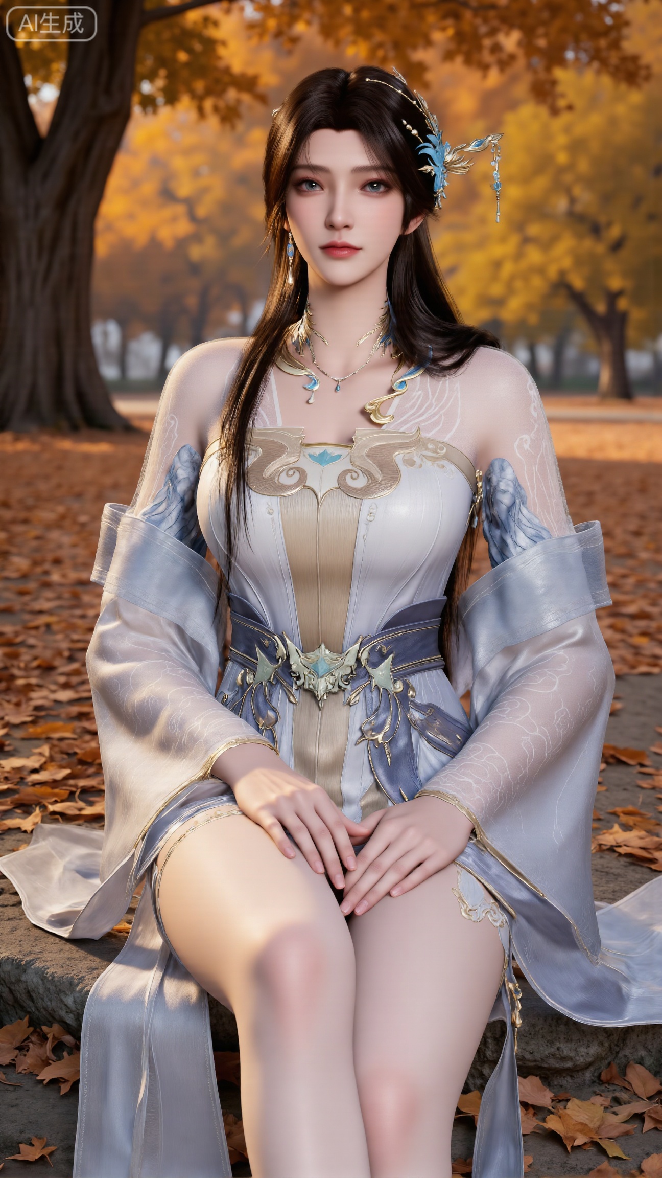 (masterpiece, best quality:1.2),A beautiful woman seated on a stone, barefoot with a close - up of her feet. Taken from a low - angle perspective. Overall Concept: Create a visually stunning, aesthetically pleasing scene where the subject seamlessly blends with the natural environment, facing the viewer directly. The composition fully encompasses the character and the surrounding autumnal foliage, offering an expansive view. The character serves as the focal point, while the fallen leaves enhance the overall ambiance. Key elements include maple trees and fallen leaves. Perspective: The subject looks directly into the camera. Shot from a low - angle, upward perspective, this vantage point clearly showcases the spatial relationship between the character and the fallen leaves on the ground, providing a unique visual experience. Poses: Seated on the stone, one hand rests naturally on her leg, while the other relaxes by her side. Emphasize her delicate hands and fingers.(huge breasts:2.99),(full breasts:2.99),s...Xbigbreasts,XbaifengsongyuYH,XliuyuYH2,XanmyXM,XlanxianYH,XtianqiongYH,Xxiantainvzi,Xchangtui,XmupeilingX2,XanmyXY