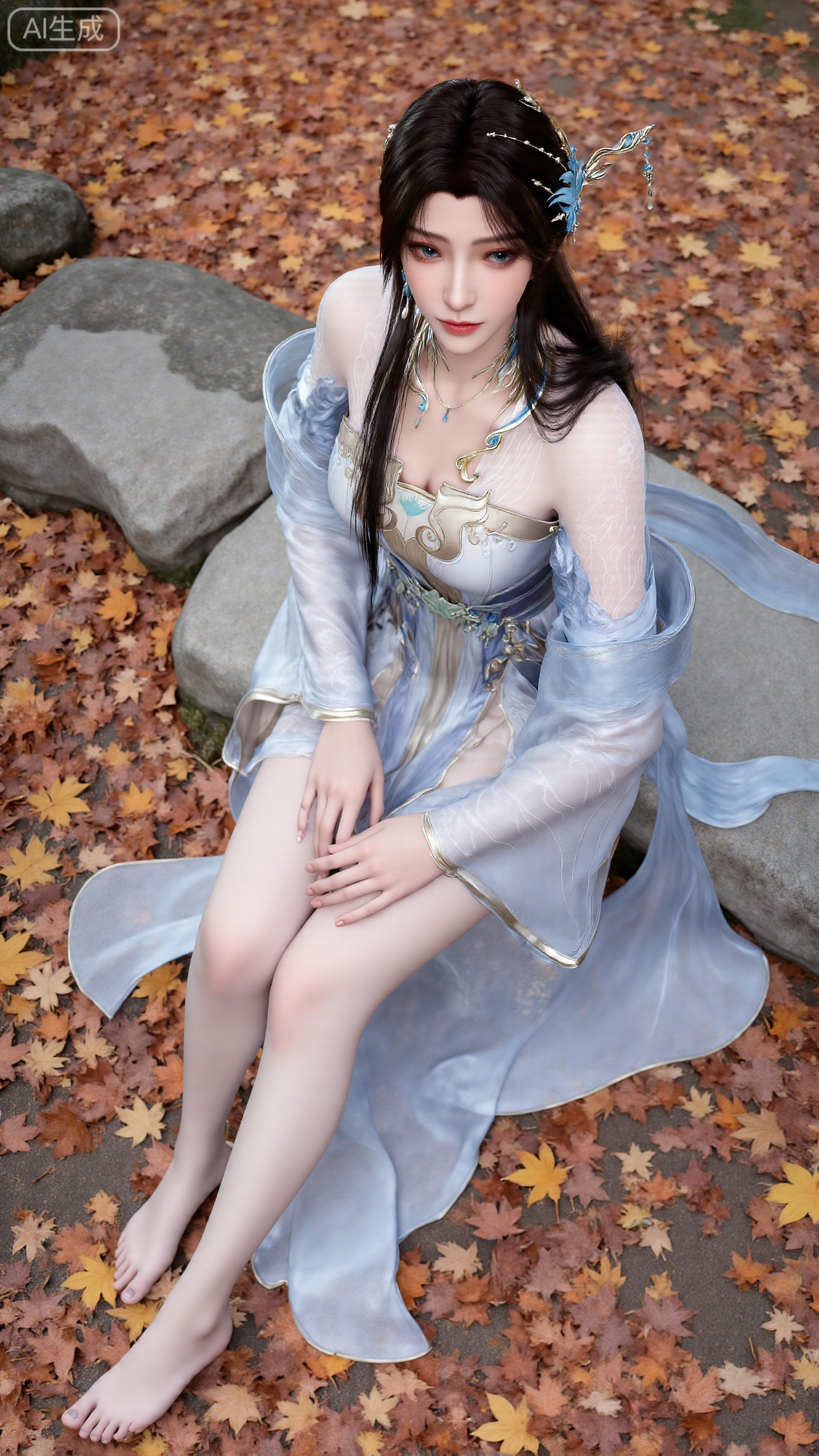 (masterpiece, best quality:1.2),A beautiful woman seated on a stone, barefoot with a close - up of her feet. Taken from a low - angle perspective. Overall Concept: Create a visually stunning, aesthetically pleasing scene where the subject seamlessly blends with the natural environment, facing the viewer directly. The composition fully encompasses the character and the surrounding autumnal foliage, offering an expansive view. The character serves as the focal point, while the fallen leaves enhance the overall ambiance. Key elements include maple trees and fallen leaves. Perspective: The subject looks directly into the camera. Shot from a low - angle, upward perspective, this vantage point clearly showcases the spatial relationship between the character and the fallen leaves on the ground, providing a unique visual experience. Poses: Seated on the stone, one hand rests naturally on her leg, while the other relaxes by her side. Emphasize her delicate hands and fingers. Character Description: An Eastern - styled ancient - aesthetic female character with a slender and graceful figure. She wears a forehead ornament, has long black hair, exquisitely detailed eyes, and colored contact lenses. Clothing: A xianxia - style long robe, adapted from traditional Hanfu. The main color is white, transitioning into a pale blue gradient. Features silver - white patterned embroidery. The fabric has a silk - like smooth texture, exhibiting a soft sheen that varies with different lighting conditions. - Structural Design: Strapless long dress with wide sleeves. The lower skirt is floor - length, featuring natural, flowing folds. Adorned with flowing ribbons. Hairstyle and Accessories - Hairstyle: A classic high chignon with long hair cascading naturally over her shoulders and back. The hair is shiny black, with a realistic texture. - Accessories: Silver hair ornaments, necklace, earrings, and other jewelry. The dress also has embroidery, and she wears a forehead ornament. Additional Details: Her slender legs are exposed, barefoot. Her toenails are manicured with shiny, transparent nail polish. Background: Set against an autumnal backdrop with fallen leaves, butterflies, and a ground carpeted with a rich palette of orange, yellow, and red autumn leaves. Include moss - covered stones, weeds, wildflowers, and a clear - flowing stream with fallen leaves floating on its surface. This creates a rich, serene autumnal atmosphere, highlighting the beauty of nature. A maple branch is positioned in the foreground of the shot.,(huge breasts:2.99),(full breasts:2.99),Xbigbreasts,XbaifengsongyuYH,XliuyuYH2,XanmyXM,XlanxianYH,XtianqiongYH,Xxiantainvzi,Xchangtui,XmupeilingX2,XanmyXY