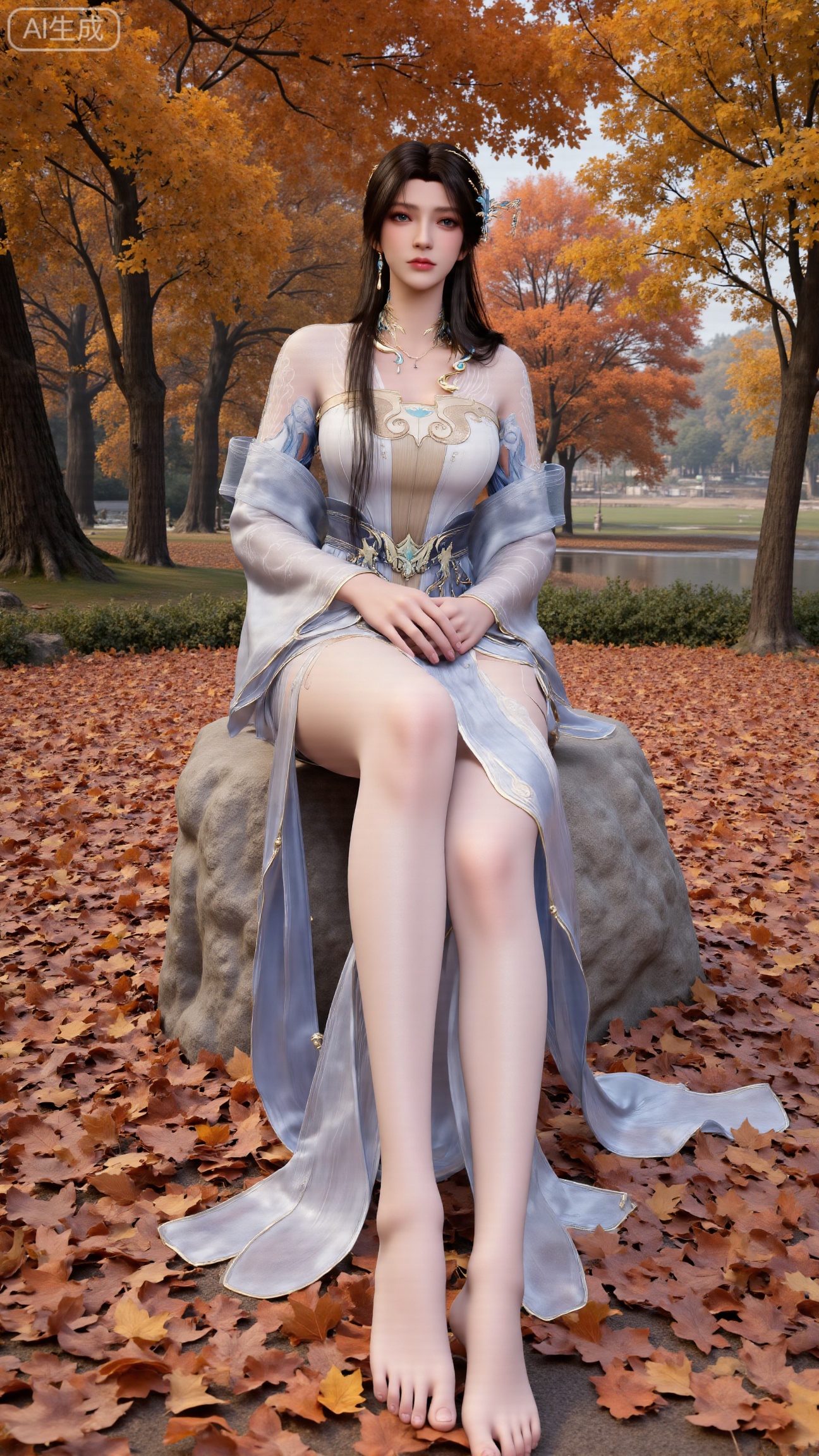(masterpiece, best quality:1.2),A beautiful woman seated on a stone, barefoot with a close - up of her feet. Taken from a low - angle perspective. Overall Concept: Create a visually stunning, aesthetically pleasing scene where the subject seamlessly blends with the natural environment, facing the viewer directly. The composition fully encompasses the character and the surrounding autumnal foliage, offering an expansive view. The character serves as the focal point, while the fallen leaves enhance the overall ambiance. Key elements include maple trees and fallen leaves. Perspective: The subject looks directly into the camera. Shot from a low - angle, upward perspective, this vantage point clearly showcases the spatial relationship between the character and the fallen leaves on the ground, providing a unique visual experience. Poses: Seated on the stone, one hand rests naturally on her leg, while the other relaxes by her side. Emphasize her delicate hands and fingers.(huge breasts:2.99),(full breasts:2.99),s...Xbigbreasts,XbaifengsongyuYH,XliuyuYH2,XanmyXM,XlanxianYH,XtianqiongYH,Xxiantainvzi,Xchangtui,XmupeilingX2,XanmyXY