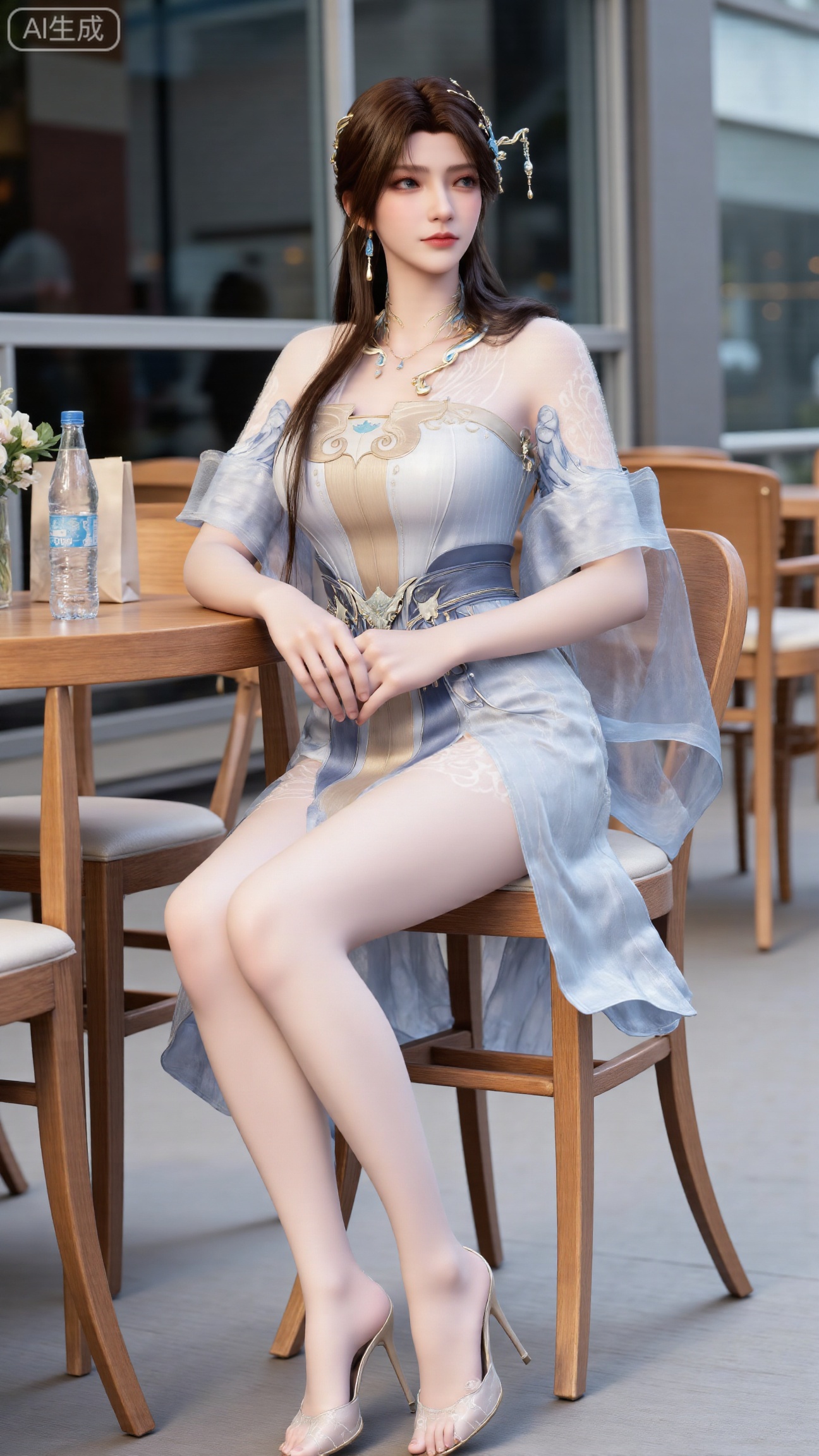 1girl,long legs,Photo of a young woman with fair skin and long brown hair, sitting on a wooden chair at an outdoor cafe. She is wearing a blue and white checkered dress with thin straps and white sandals. She has a blue hair clip in her hair and is looking to the side with a thoughtful expression. The background shows a modern urban setting with glass windows and metal structures. There are two bottles of water and a paper bag on the table next to her. The lighting is bright and natural, and the overall atmosphere is casual and relaxed.,,(huge breasts, full breasts:2.99),.Xbigbreasts,XbaifengsongyuYH,XliuyuYH2,XanmyXM,XlanxianYH,XtianqiongYH,Xxiantainvzi,Xchangtui,XmupeilingX2,XanmyXY