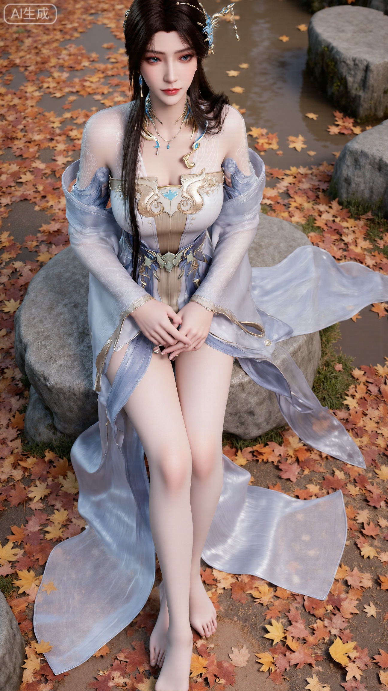 (masterpiece, best quality:1.2),A beautiful woman seated on a stone, barefoot with a close - up of her feet. Taken from a low - angle perspective. Overall Concept: Create a visually stunning, aesthetically pleasing scene where the subject seamlessly blends with the natural environment, facing the viewer directly. The composition fully encompasses the character and the surrounding autumnal foliage, offering an expansive view. The character serves as the focal point, while the fallen leaves enhance the overall ambiance. Key elements include maple trees and fallen leaves. Perspective: The subject looks directly into the camera. Shot from a low - angle, upward perspective, this vantage point clearly showcases the spatial relationship between the character and the fallen leaves on the ground, providing a unique visual experience. Poses: Seated on the stone, one hand rests naturally on her leg, while the other relaxes by her side. Emphasize her delicate hands and fingers. Character Description: An Eastern - styled ancient - aesthetic female character with a slender and graceful figure. She wears a forehead ornament, has long black hair, exquisitely detailed eyes, and colored contact lenses. Clothing: A xianxia - style long robe, adapted from traditional Hanfu. The main color is white, transitioning into a pale blue gradient. Features silver - white patterned embroidery. The fabric has a silk - like smooth texture, exhibiting a soft sheen that varies with different lighting conditions. - Structural Design: Strapless long dress with wide sleeves. The lower skirt is floor - length, featuring natural, flowing folds. Adorned with flowing ribbons. Hairstyle and Accessories - Hairstyle: A classic high chignon with long hair cascading naturally over her shoulders and back. The hair is shiny black, with a realistic texture. - Accessories: Silver hair ornaments, necklace, earrings, and other jewelry. The dress also has embroidery, and she wears a forehead ornament. Additional Details: Her slender legs are exposed, barefoot. Her toenails are manicured with shiny, transparent nail polish. Background: Set against an autumnal backdrop with fallen leaves, butterflies, and a ground carpeted with a rich palette of orange, yellow, and red autumn leaves. Include moss - covered stones, weeds, wildflowers, and a clear - flowing stream with fallen leaves floating on its surface. This creates a rich, serene autumnal atmosphere, highlighting the beauty of nature. A maple branch is positioned in the foreground of the shot.,(huge breasts:2.99),(full breasts:2.99),Xbigbreasts,XbaifengsongyuYH,XliuyuYH2,XanmyXM,XlanxianYH,XtianqiongYH,Xxiantainvzi,Xchangtui,XmupeilingX2,XanmyXY