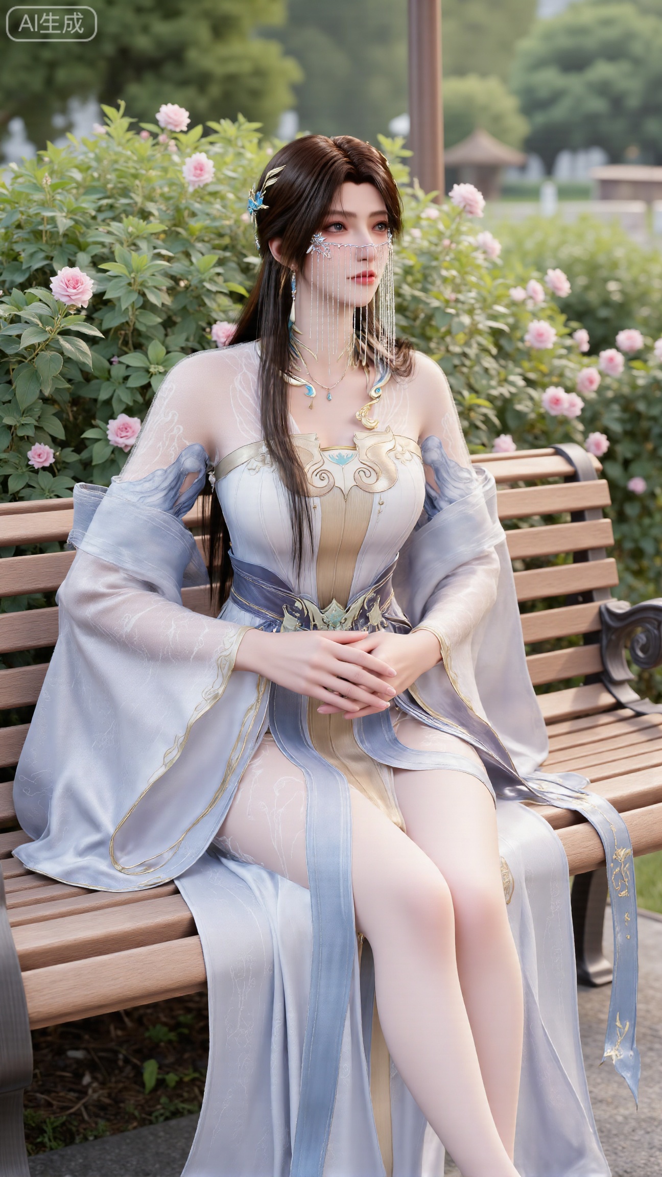 (masterpiece, best quality:1.2),A beauty ,(long hanfu dress), high heels,, paired with a sheer knitted cardigan and Mary Jane shoes. Leaning on a garden bench filled with macaron - colored flowers,.Sunlight filters through the leaves onto her face, creating a lazy and gentle atmosphere, and her skirt sways softly in the breeze. 8K resolution, detailed texture of knitted fabric, lustrous pearl texture, vivid flower colors, soft natural light, Instagram - style filter texture.,(huge breasts:2.99),(full breasts:2.99),Xbigbreasts,XbaifengsongyuYH,XliuyuYH2,XanmyXM,XlanxianYH,XtianqiongYH,Xxiantainvzi,Xchangtui,XmupeilingX2,XanmyXY