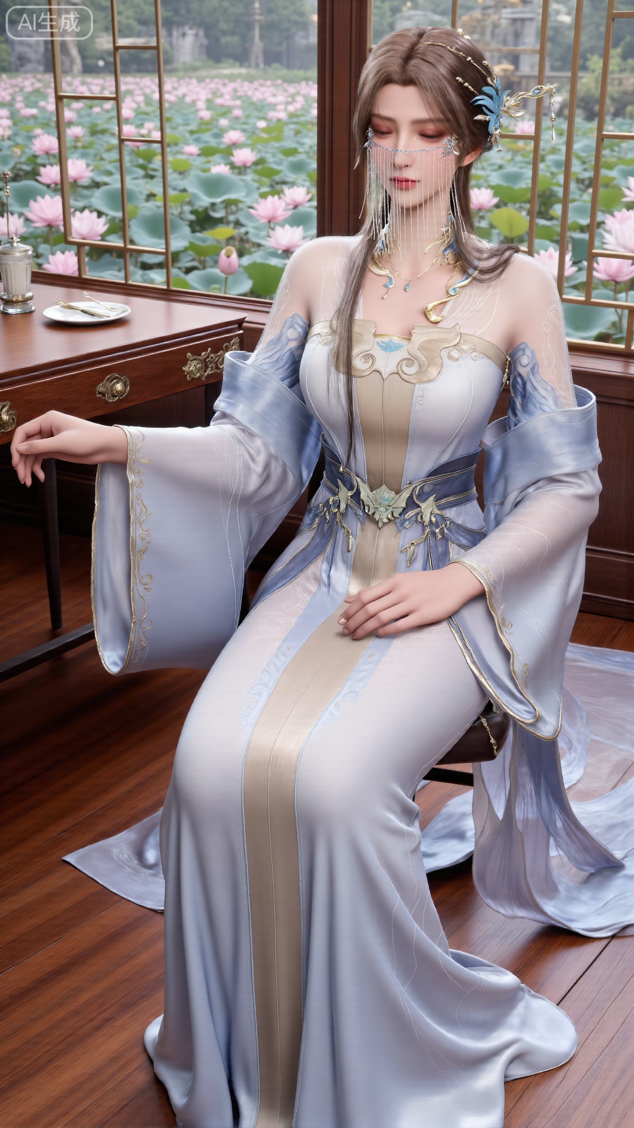 (masterpiece, best quality:1.2),1girl, solo, long dress,Ancient princesss boudoir with bright color palette,,(huge breasts:2.59),(full breasts:2.39), Hanfu-clad maiden sitting by latticed window desk in romantic daydreaming posture, classical Chinese garden through window showcasing lotus pond filled with blooming pink and white lotuses, delicate ink-wash painting style, interior featuring rosewood furniture with mother-of-pearl inlay, silk curtains fluttering in breeze, porcelain stationery set on desk, distant view of curved bridges and pavilions in garden, ultra HD rendering with crisp details on embroidered garments and translucent lotus petals,,(huge breasts:2.99),(full breasts:2.99),.Xbigbreasts,XbaifengsongyuYH,XliuyuYH2,XanmyXM,XlanxianYH,XtianqiongYH,Xxiantainvzi,Xchangtui,XmupeilingX2,XanmyXY