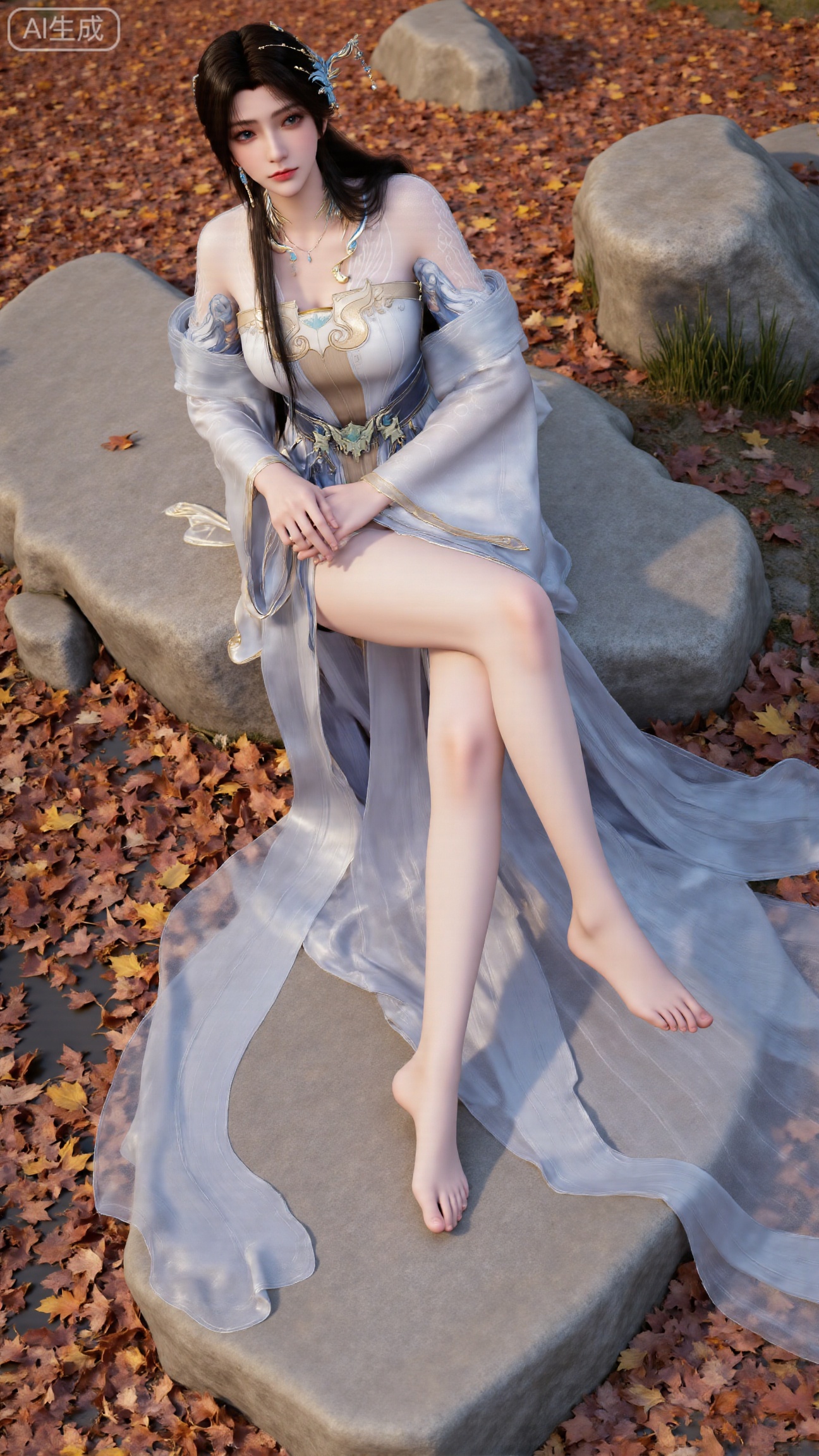 (masterpiece, best quality:1.2),A beautiful woman seated on a stone, barefoot with a close - up of her feet. Taken from a low - angle perspective. Overall Concept: Create a visually stunning, aesthetically pleasing scene where the subject seamlessly blends with the natural environment, facing the viewer directly. The composition fully encompasses the character and the surrounding autumnal foliage, offering an expansive view. The character serves as the focal point, while the fallen leaves enhance the overall ambiance. Key elements include maple trees and fallen leaves. Perspective: The subject looks directly into the camera. Shot from a low - angle, upward perspective, this vantage point clearly showcases the spatial relationship between the character and the fallen leaves on the ground, providing a unique visual experience. Poses: Seated on the stone, one hand rests naturally on her leg, while the other relaxes by her side. Emphasize her delicate hands and fingers. Character Description: An Eastern - styled ancient - aesthetic female character with a slender and graceful figure. She wears a forehead ornament, has long black hair, exquisitely detailed eyes, and colored contact lenses. Clothing: A xianxia - style long robe, adapted from traditional Hanfu. The main color is white, transitioning into a pale blue gradient. Features silver - white patterned embroidery. The fabric has a silk - like smooth texture, exhibiting a soft sheen that varies with different lighting conditions. - Structural Design: Strapless long dress with wide sleeves. The lower skirt is floor - length, featuring natural, flowing folds. Adorned with flowing ribbons. Hairstyle and Accessories - Hairstyle: A classic high chignon with long hair cascading naturally over her shoulders and back. The hair is shiny black, with a realistic texture. - Accessories: Silver hair ornaments, necklace, earrings, and other jewelry. The dress also has embroidery, and she wears a forehead ornament. Additional Details: Her slender legs are exposed, barefoot. Her toenails are manicured with shiny, transparent nail polish. Background: Set against an autumnal backdrop with fallen leaves, butterflies, and a ground carpeted with a rich palette of orange, yellow, and red autumn leaves. Include moss - covered stones, weeds, wildflowers, and a clear - flowing stream with fallen leaves floating on its surface. This creates a rich, serene autumnal atmosphere, highlighting the beauty of nature. A maple branch is positioned in the foreground of the shot.,(huge breasts:2.99),(full breasts:2.99),Xbigbreasts,XbaifengsongyuYH,XliuyuYH2,XanmyXM,XlanxianYH,XtianqiongYH,Xxiantainvzi,Xchangtui,XmupeilingX2,XanmyXY