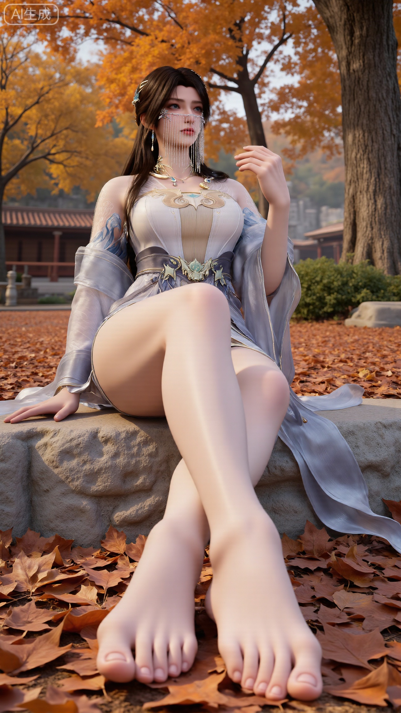 (masterpiece, best quality:1.2),A beautiful woman seated on a stone, barefoot with a close - up of her feet. Taken from a low - angle perspective. Overall Concept: Create a visually stunning, aesthetically pleasing scene where the subject seamlessly blends with the natural environment, facing the viewer directly. The composition fully encompasses the character and the surrounding autumnal foliage, offering an expansive view. The character serves as the focal point, while the fallen leaves enhance the overall ambiance. Key elements include maple trees and fallen leaves. Perspective: The subject looks directly into the camera. Shot from a low - angle, upward perspective, this vantage point clearly showcases the spatial relationship between the character and the fallen leaves on the ground, providing a unique visual experience. Poses: Seated on the stone, one hand rests naturally on her leg, while the other relaxes by her side. Emphasize her delicate hands and fingers.(huge breasts:2.99),(full breasts:2.99),s...Xbigbreasts,XbaifengsongyuYH,XliuyuYH2,XanmyXM,XlanxianYH,XtianqiongYH,Xxiantainvzi,Xchangtui,XmupeilingX2,XanmyXY