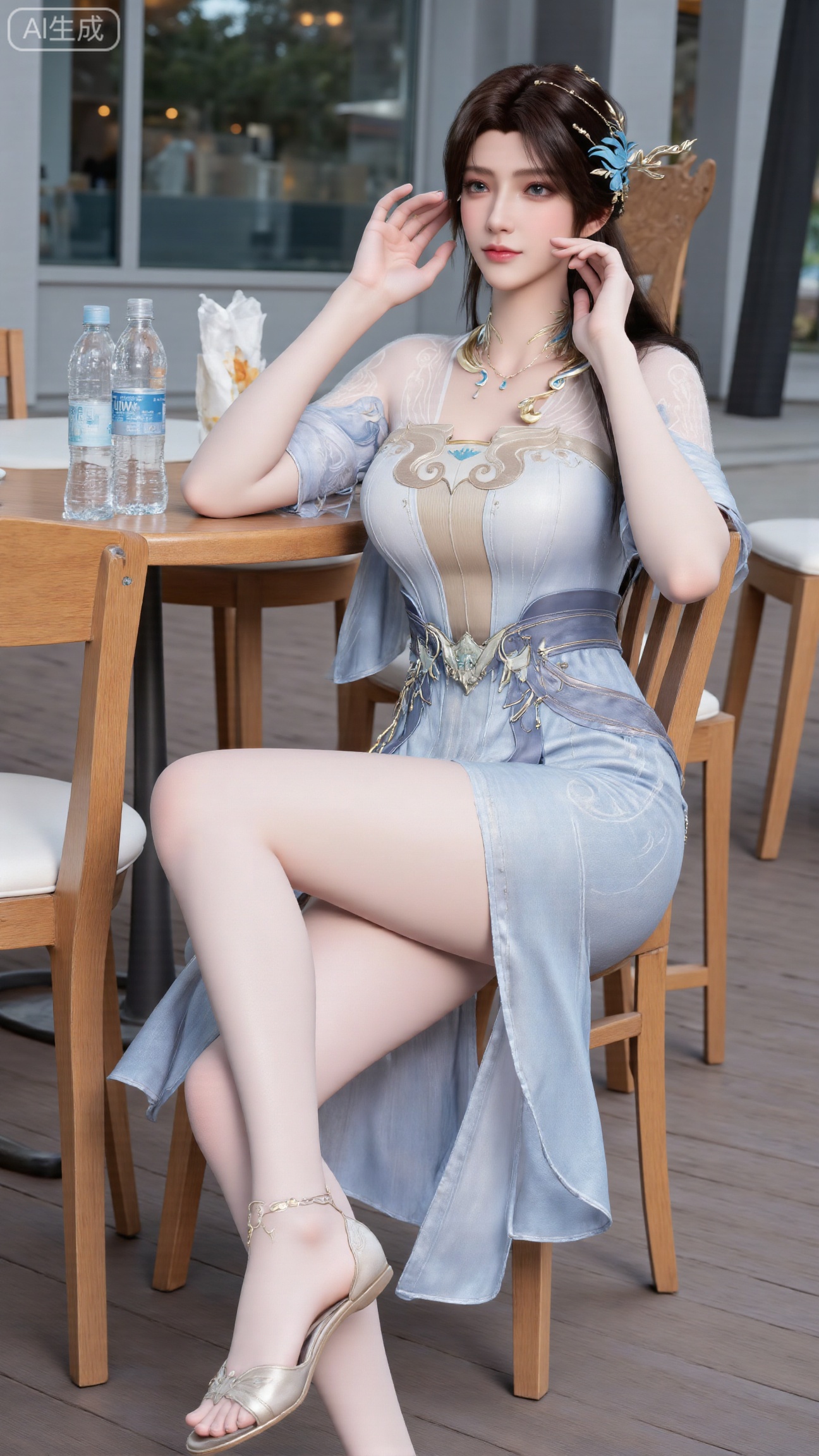 1girl,long legs,Photo of a young woman with fair skin and long brown hair, sitting on a wooden chair at an outdoor cafe. She is wearing a blue and white checkered dress with thin straps and white sandals. She has a blue hair clip in her hair and is looking to the side with a thoughtful expression. The background shows a modern urban setting with glass windows and metal structures. There are two bottles of water and a paper bag on the table next to her. The lighting is bright and natural, and the overall atmosphere is casual and relaxed.,,(huge breasts, full breasts:2.99),.Xbigbreasts,XbaifengsongyuYH,XliuyuYH2,XanmyXM,XlanxianYH,XtianqiongYH,Xxiantainvzi,Xchangtui,XmupeilingX2,XanmyXY