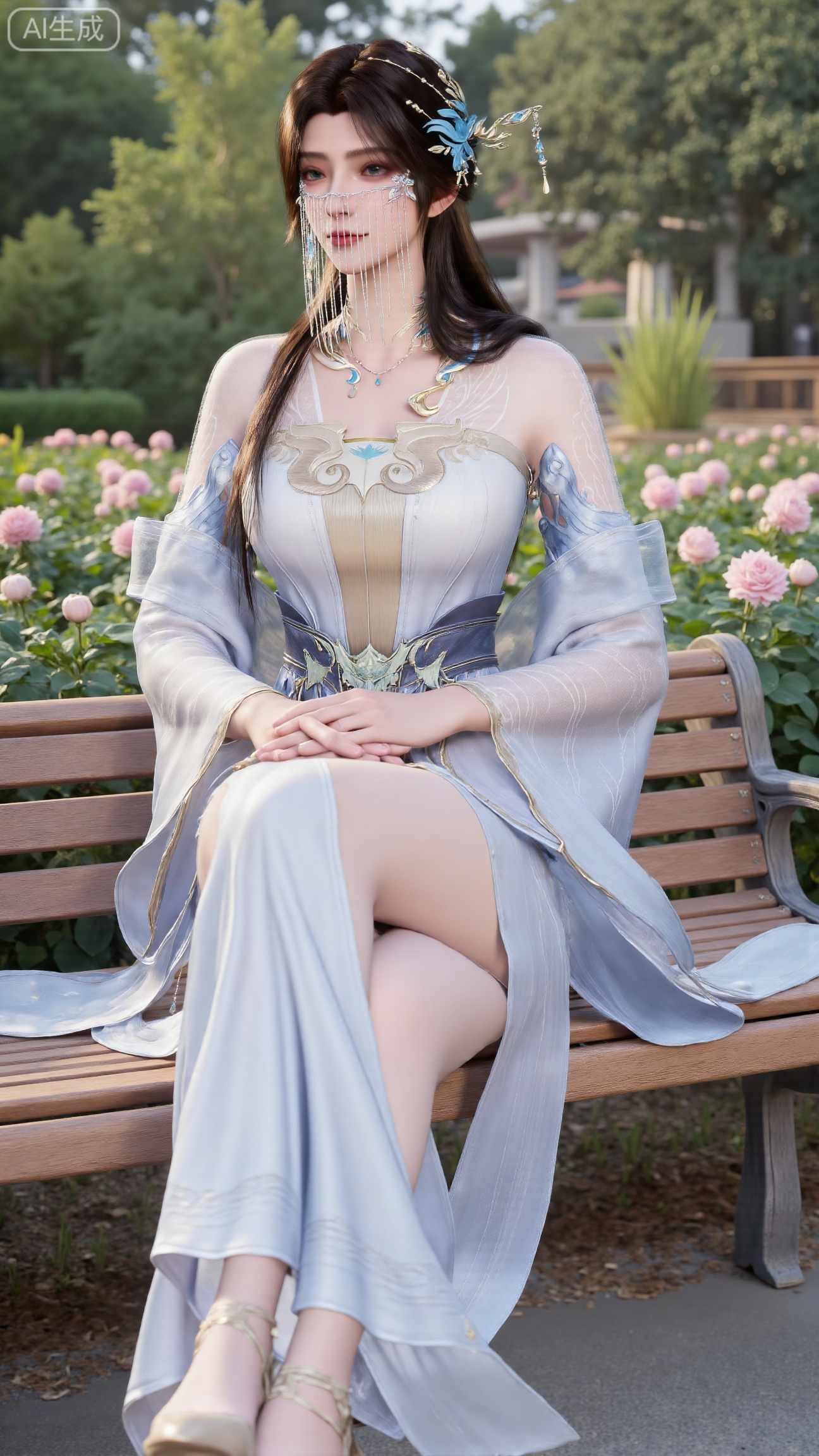 (masterpiece, best quality:1.2),A beauty ,(long hanfu dress), high heels,, paired with a sheer knitted cardigan and Mary Jane shoes. Leaning on a garden bench filled with macaron - colored flowers,.Sunlight filters through the leaves onto her face, creating a lazy and gentle atmosphere, and her skirt sways softly in the breeze. 8K resolution, detailed texture of knitted fabric, lustrous pearl texture, vivid flower colors, soft natural light, Instagram - style filter texture.,(huge breasts:2.99),(full breasts:2.99),Xbigbreasts,XbaifengsongyuYH,XliuyuYH2,XanmyXM,XlanxianYH,XtianqiongYH,Xxiantainvzi,Xchangtui,XmupeilingX2,XanmyXY
