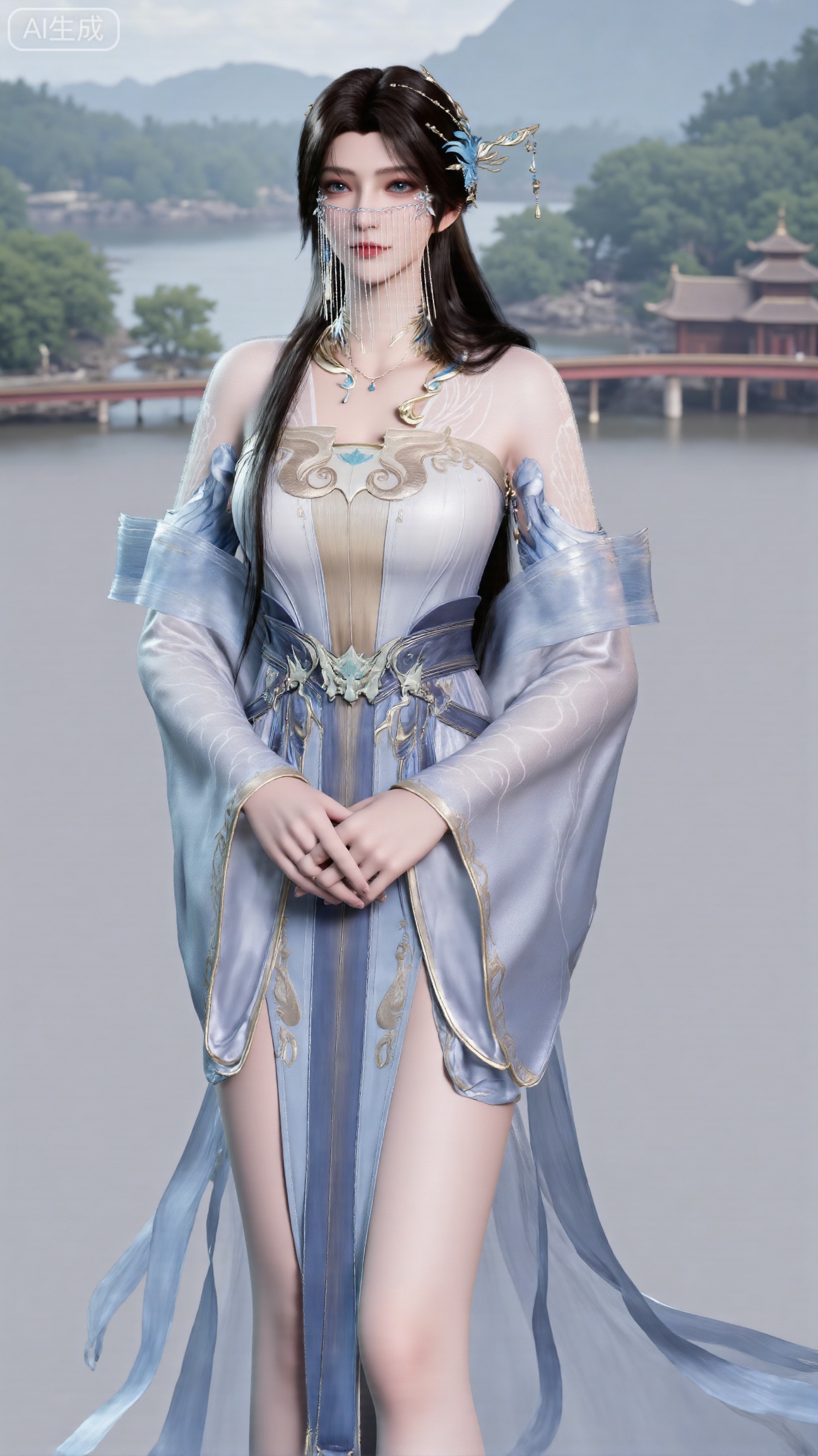 (masterpiece, best quality:1.2),1 girl, solo, long hair, black hair, hair accessories, clothing, cleavage cuts, long dress, jewelry, upper body, earrings. Background is outdoor, sky, clouds, water, trees, architecture, landscape, lantern, mountain, dragon, architecture, bridge, east Asian architecture, fog, pagoda,(huge breasts:2.99),(full breasts:2.99),Xbigbreasts,XbaifengsongyuYH,XliuyuYH2,XanmyXM,XlanxianYH,XtianqiongYH,Xxiantainvzi,Xchangtui,XmupeilingX2,XanmyXY