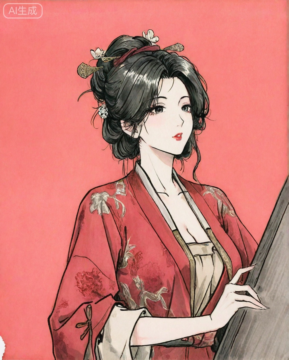 ((very awa)),(solo),highly detailed,(best quality),((masterpiece)),1girl,chi,,painting \(medium\),watercolor \(medium\),black hair,simple background,large breasts,lineart,flat color,ge,hanxiangxun,black hair,chinese clothes,hair ornament,makeup,lipstick,hair stick,mature_female,