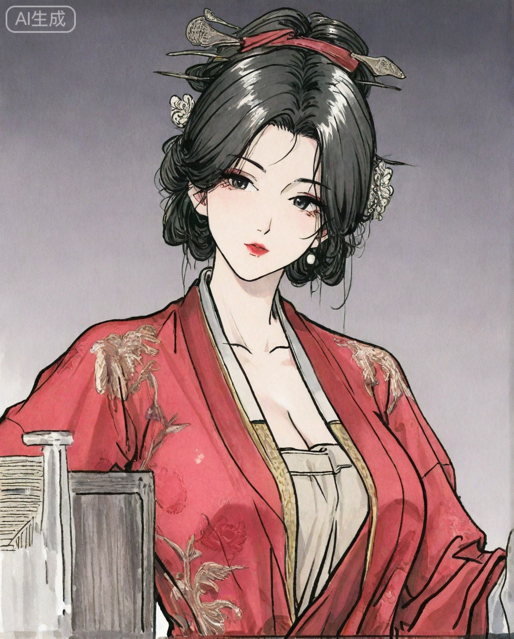 ((very awa)),(solo),highly detailed,(best quality),((masterpiece)),1girl,chi,,painting \(medium\),watercolor \(medium\),black hair,simple background,large breasts,lineart,flat color,ge,hanxiangxun,black hair,chinese clothes,hair ornament,makeup,lipstick,hair stick,mature_female,