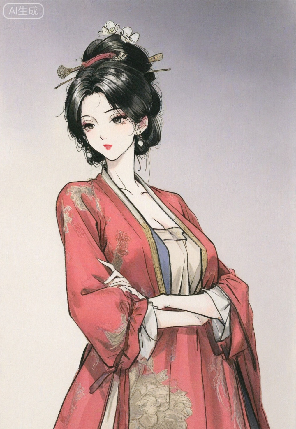 ((very awa)),(solo),highly detailed,(best quality),((masterpiece)),1girl,chi,,painting \(medium\),watercolor \(medium\),black hair,simple background,large breasts,lineart,flat color,ge,hanxiangxun,black hair,chinese clothes,hair ornament,makeup,lipstick,hair stick,mature_female,