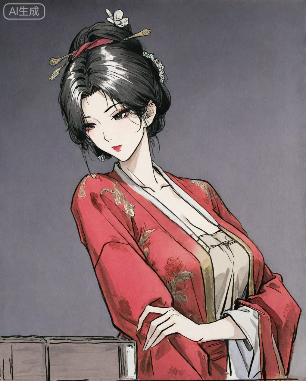 ((very awa)),(solo),highly detailed,(best quality),((masterpiece)),1girl,chi,,painting \(medium\),watercolor \(medium\),black hair,simple background,large breasts,lineart,flat color,ge,hanxiangxun,black hair,chinese clothes,hair ornament,makeup,lipstick,hair stick,mature_female,