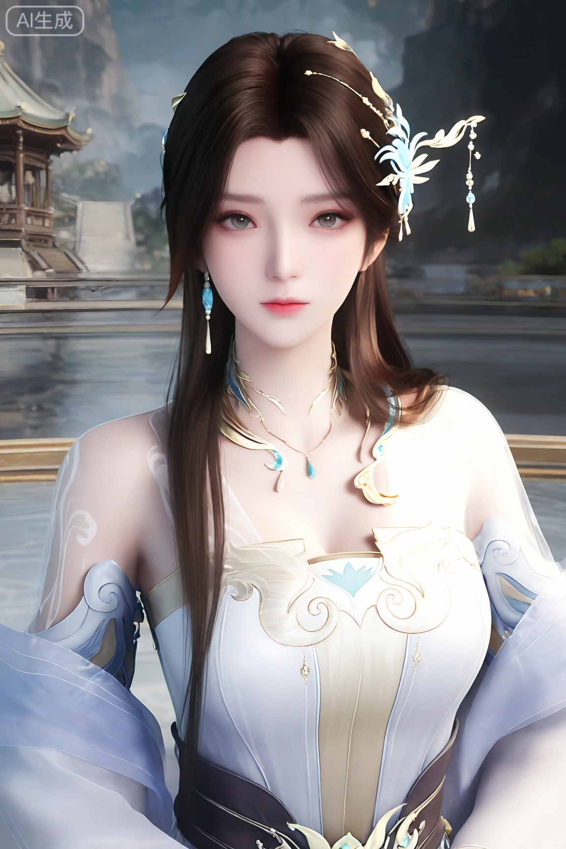 1girl, solo, long hair, looking at viewer, brown hair, hair ornament, dress, bare shoulders, jewelry, closed mouth, upper body, earrings, necklace,
3d \(artwork\),Masterpiece, best quality, amazing quality, newest, very aesthetic, absurdres, (scenery:1.4), 8k, good anatomy, good shading, ultra detailed, refined details, high resolution, HD, masterwork,high detail ,Exquisite beauty, charming, 3D rendering,illustration,CG,
