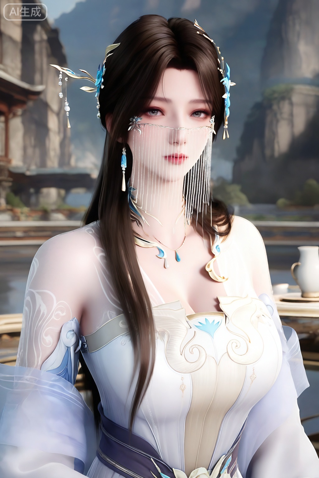 1girl, solo,mature woman,looking at viewer, long hair, brown hair, hair ornament, dress, bare shoulders, jewelry, upper body, necklace, white dress, cup, veil, 
3d \(artwork\),Masterpiece, best quality, amazing quality, newest, very aesthetic, absurdres, (scenery:1.4), 8k, good anatomy, good shading, ultra detailed, refined details, high resolution, HD, masterwork,high detail ,Exquisite beauty, charming, 3D rendering,illustration,CG,