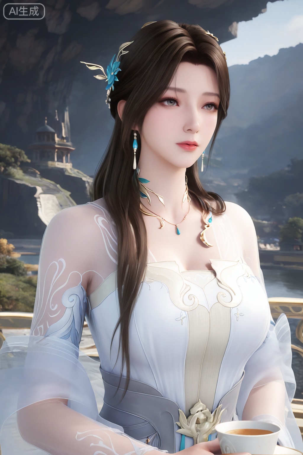 1girl, solo,mature woman, long hair, brown hair, hair ornament, dress, bare shoulders, jewelry, upper body, necklace, white dress, cup, veil, 
3d \(artwork\),Masterpiece, best quality, amazing quality, newest, very aesthetic, absurdres, (scenery:1.4), 8k, good anatomy, good shading, ultra detailed, refined details, high resolution, HD, masterwork,high detail ,Exquisite beauty, charming, 3D rendering,illustration,CG,