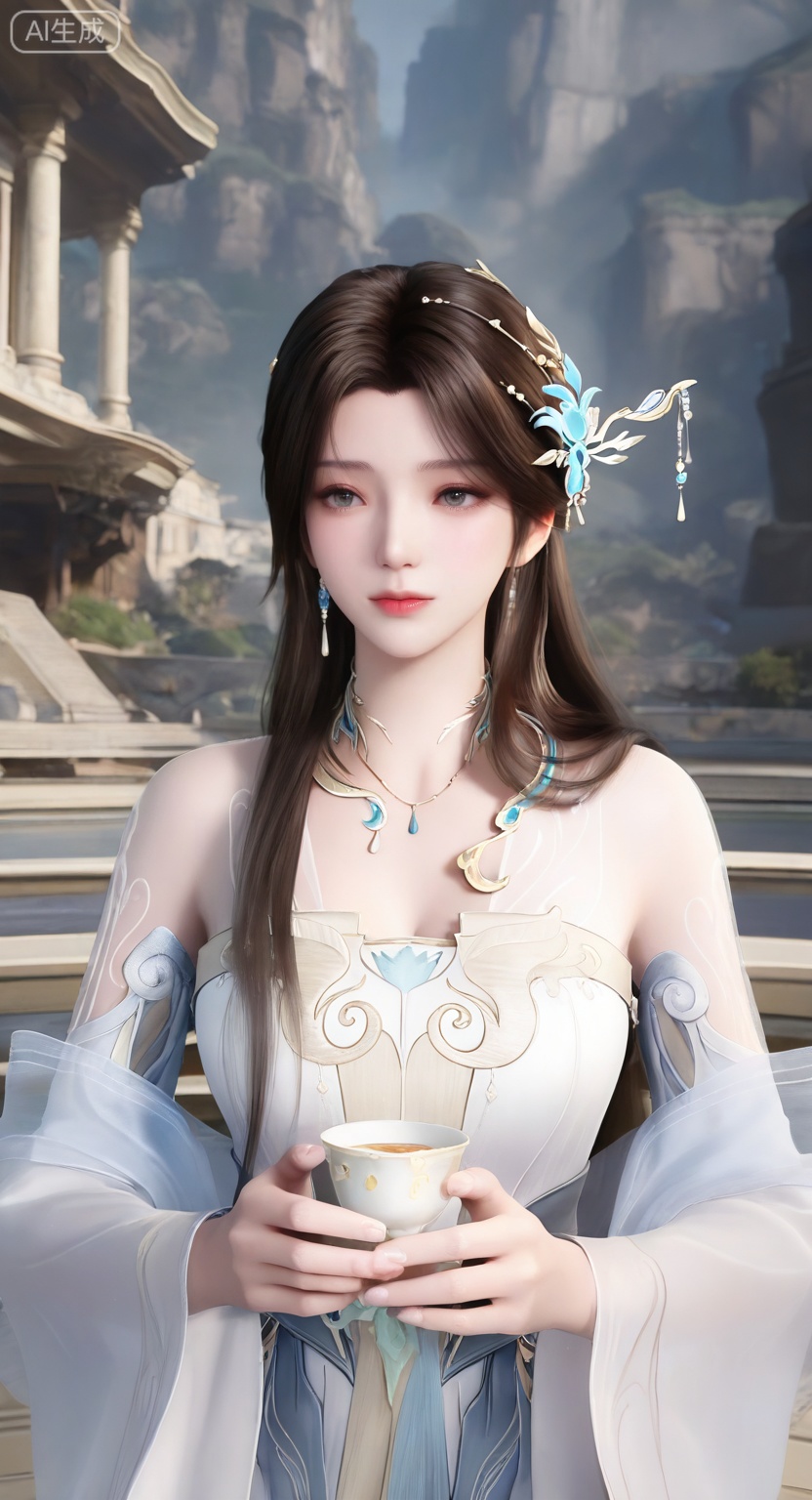 1girl, solo, long hair, brown hair, hair ornament, dress, bare shoulders, jewelry, upper body, necklace, white dress, cup, veil, 
3d \(artwork\),Masterpiece, best quality, amazing quality, newest, very aesthetic, absurdres, (scenery:1.4), 8k, good anatomy, good shading, ultra detailed, refined details, high resolution, HD, masterwork,high detail ,Exquisite beauty, charming, 3D rendering,illustration,CG,