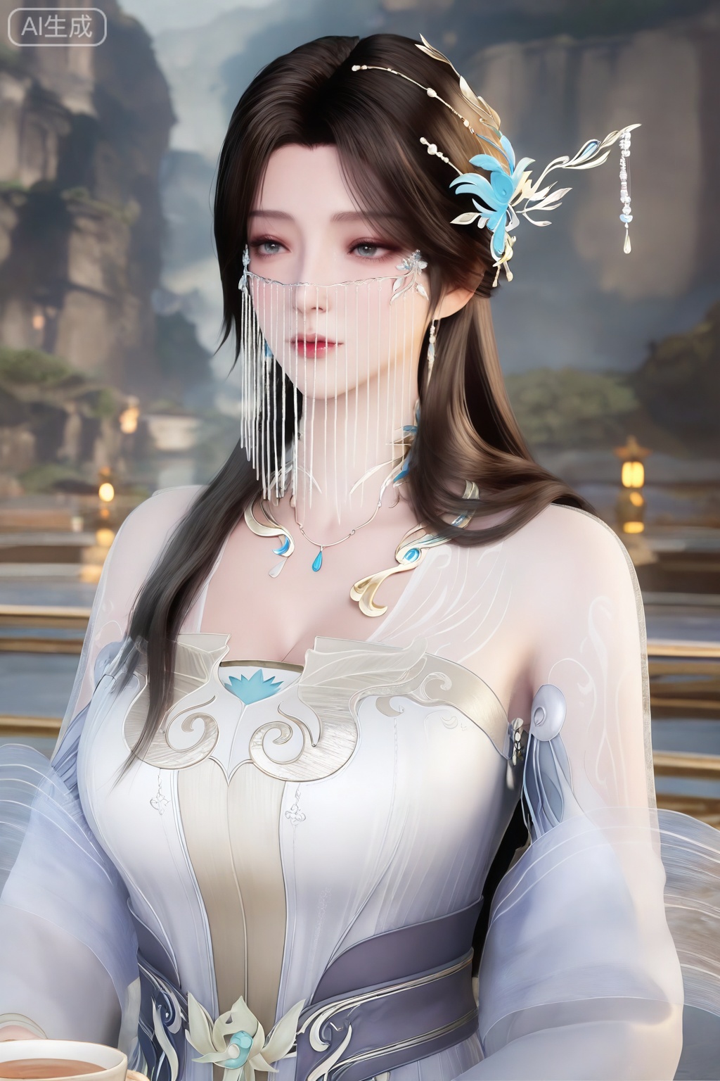 1girl, solo,mature woman, long hair, brown hair, hair ornament, dress, bare shoulders, jewelry, upper body, necklace, white dress, cup, veil, 
3d \(artwork\),Masterpiece, best quality, amazing quality, newest, very aesthetic, absurdres, (scenery:1.4), 8k, good anatomy, good shading, ultra detailed, refined details, high resolution, HD, masterwork,high detail ,Exquisite beauty, charming, 3D rendering,illustration,CG,