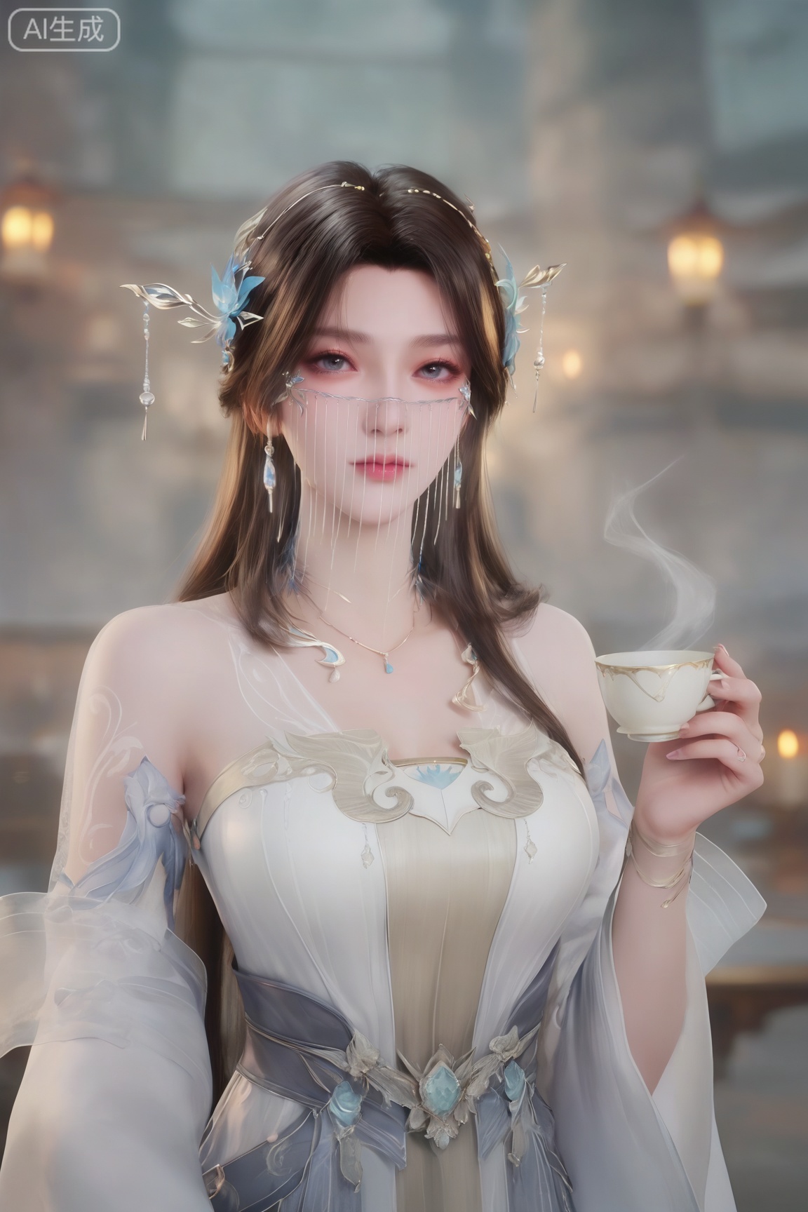 1girl, solo,looking at viewer, long hair, brown hair, hair ornament, dress, bare shoulders, jewelry, upper body, necklace, white dress, cup, veil, 
score_9, score_8_up, score_7_up,highly detailed digital,CG,