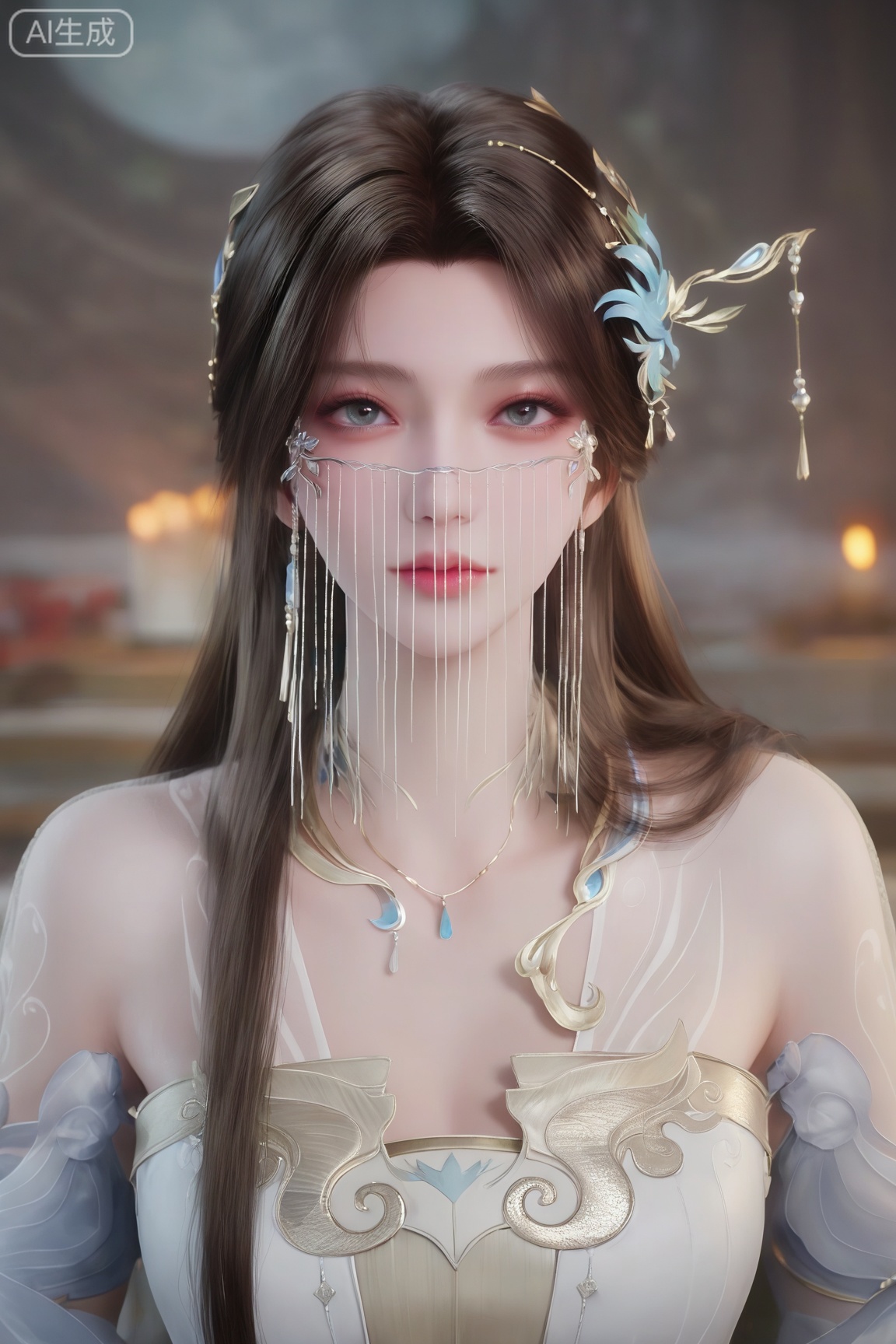 1girl, solo,looking at viewer, long hair, brown hair, hair ornament, dress, bare shoulders, jewelry, upper body, necklace, white dress, cup, veil, 
score_9, score_8_up, score_7_up,highly detailed digital,CG,