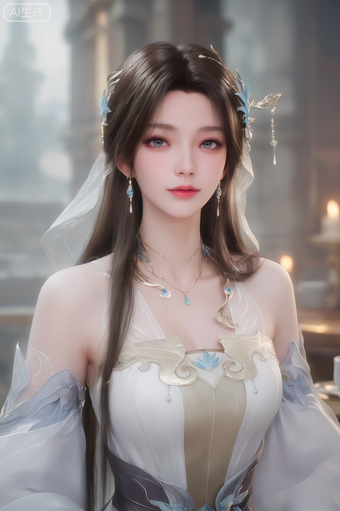 1girl, solo,looking at viewer, long hair, brown hair, hair ornament, dress, bare shoulders, jewelry, upper body, necklace, white dress, cup, veil, 
score_9, score_8_up, score_7_up,highly detailed digital,CG,
