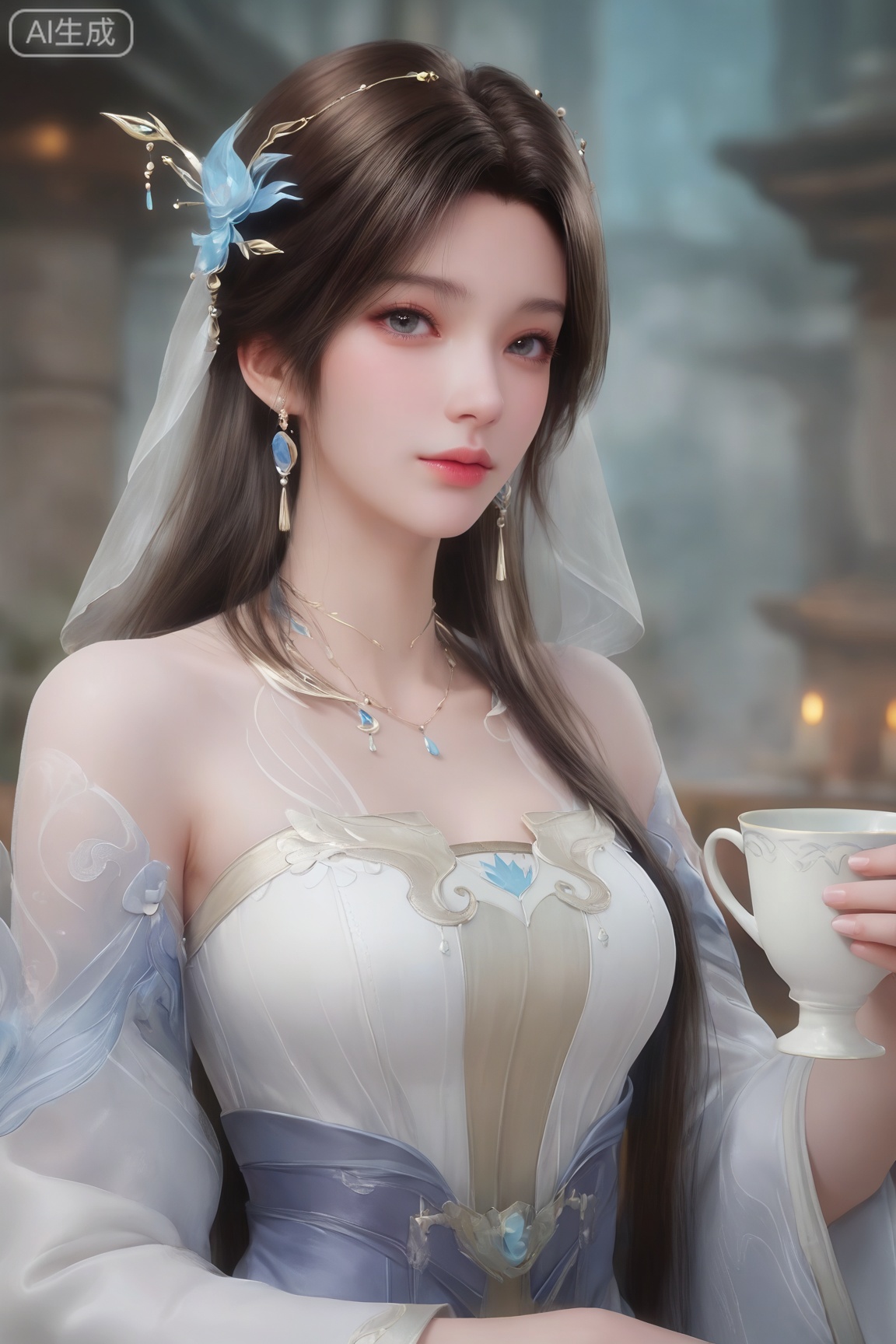 1girl, solo,looking at viewer, long hair, brown hair, hair ornament, dress, bare shoulders, jewelry, upper body, necklace, white dress, cup, veil, 
score_9, score_8_up, score_7_up,highly detailed digital,CG,