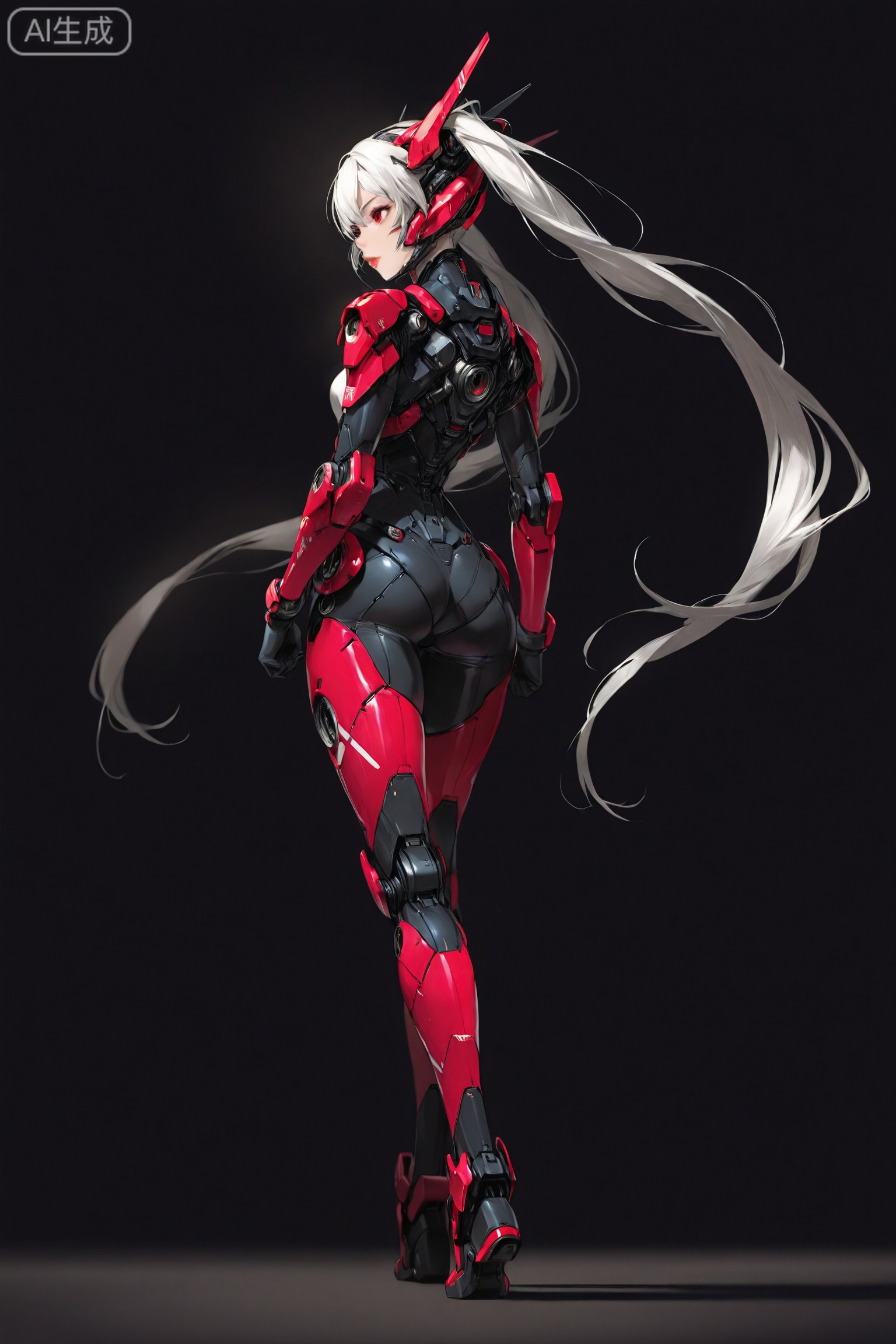 best quality,masterpiece,line art,
mecha_girl,1girl, ((solo)),twin_tails,very long hair,full body,close up,depth_of_field,lips,red eyes,body suit,high hills,tighhighs,simple_background,standing,in the dark,back lights,