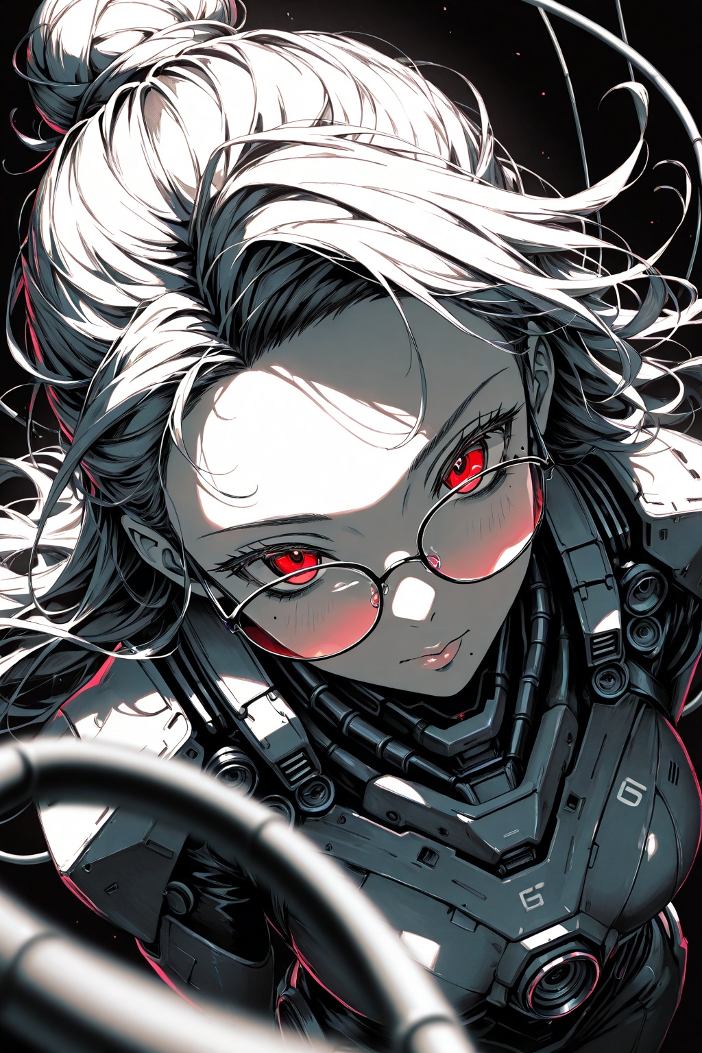 best quality,masterpiece,line art,
mecha_girl,1girl, ((solo)),single hair bun,very long hair,upper body,close up,depth_of_field,lips,red eyes,body suit,Facial close-up, large perspective, foreground focus, colorful background composed of data cables, (from above),Exquisite glasses,mole under eyes,(((dark background))),art_nlhx,
The composition of the comic is divided into three parts, with thick dividing lines and a central subject placed above the dividing lines,
Foreshortening, Breaking the Fourth Wall, Foreground Focus, Manga Style, Vertical Composition Three Part Method,
Viewpoint and perspective: extreme foreshortening, fisheye lens, dynamic angle, POV (first person perspective/subjective perspective),
Depth of field ,
Stylish: manga style, monochrome, speed lines, high contrast, grit,